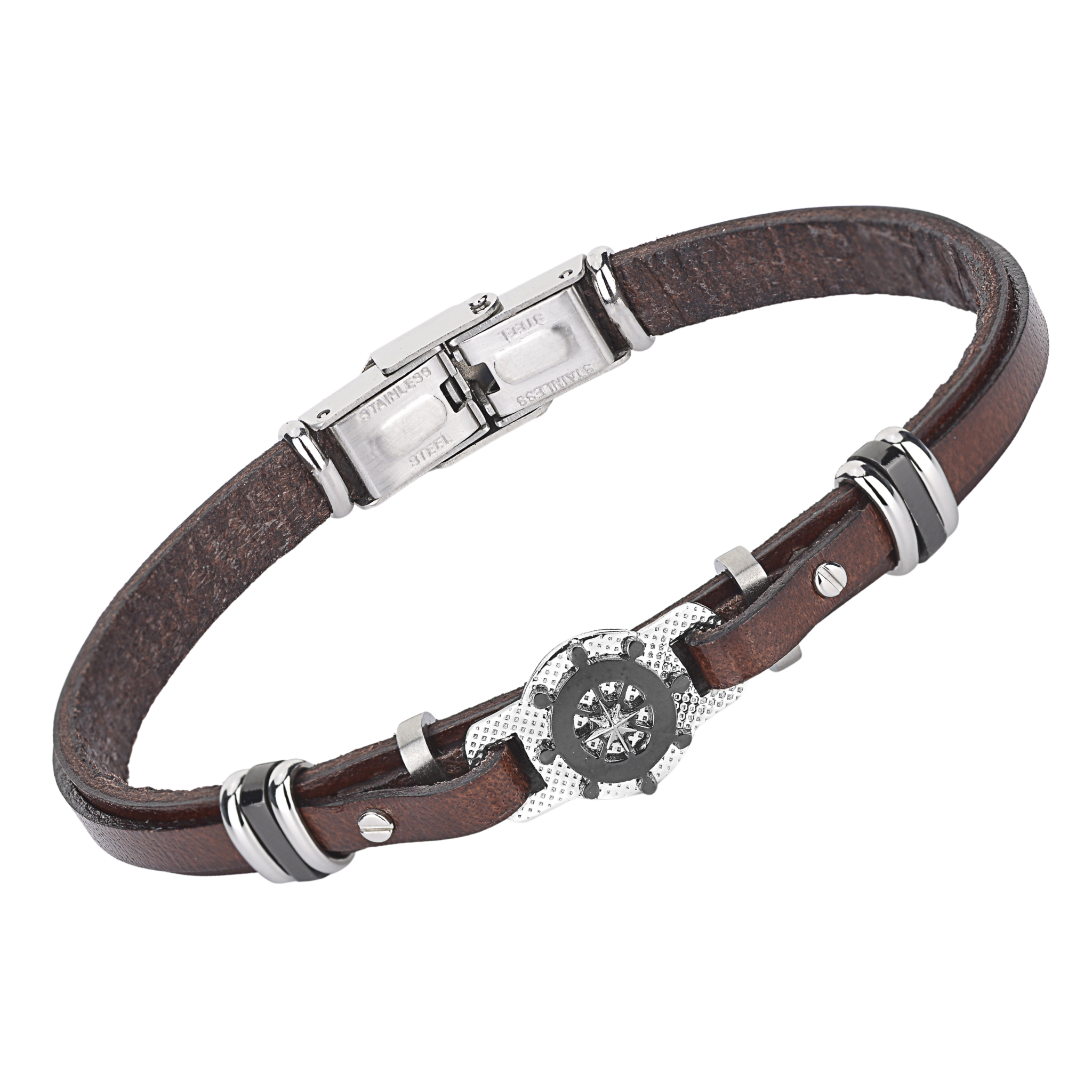 Bracciale in acciaio e cuoio marrone con timone in PVD nero