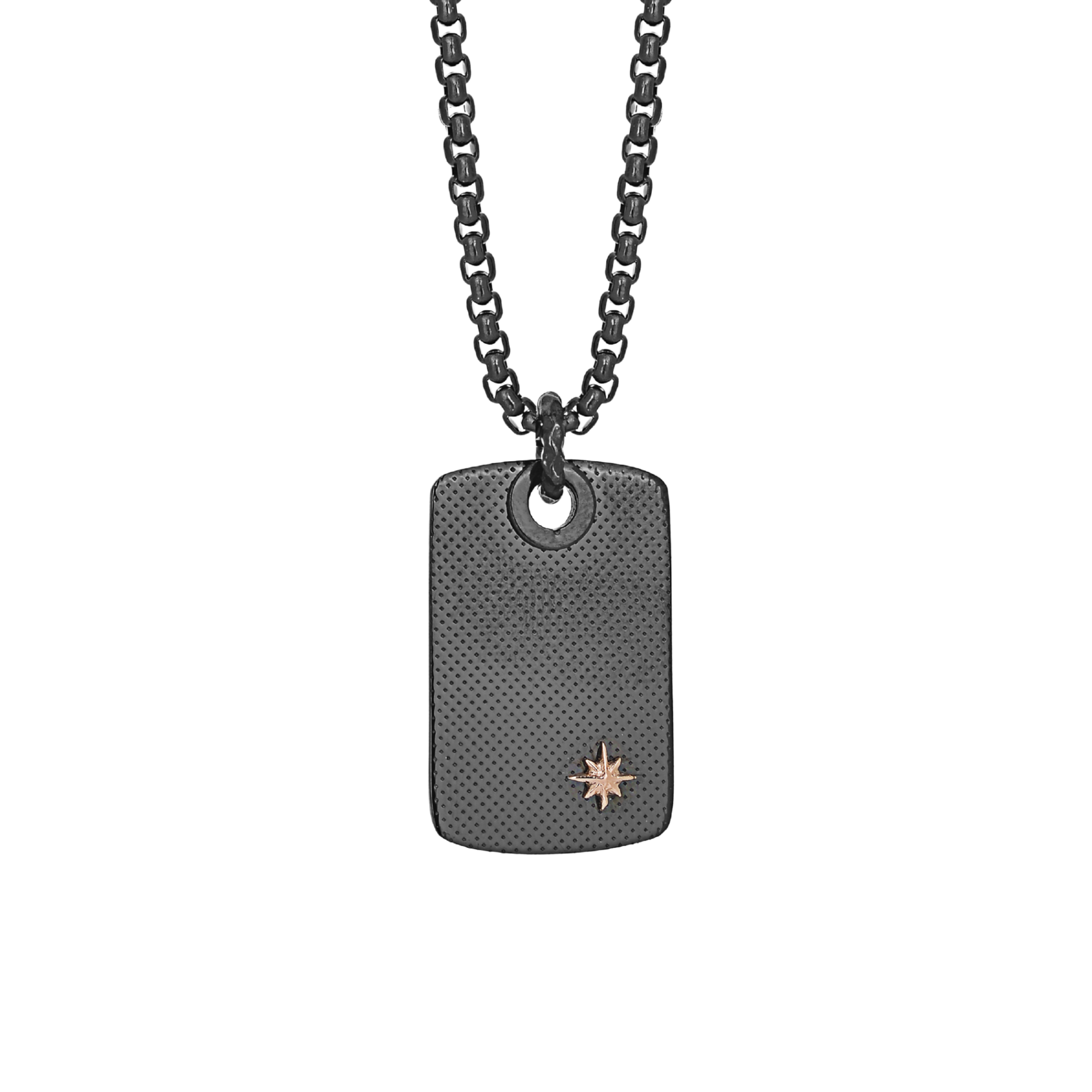 Collana con pendente piastra godronata in PVD nero e stella polare in rosè