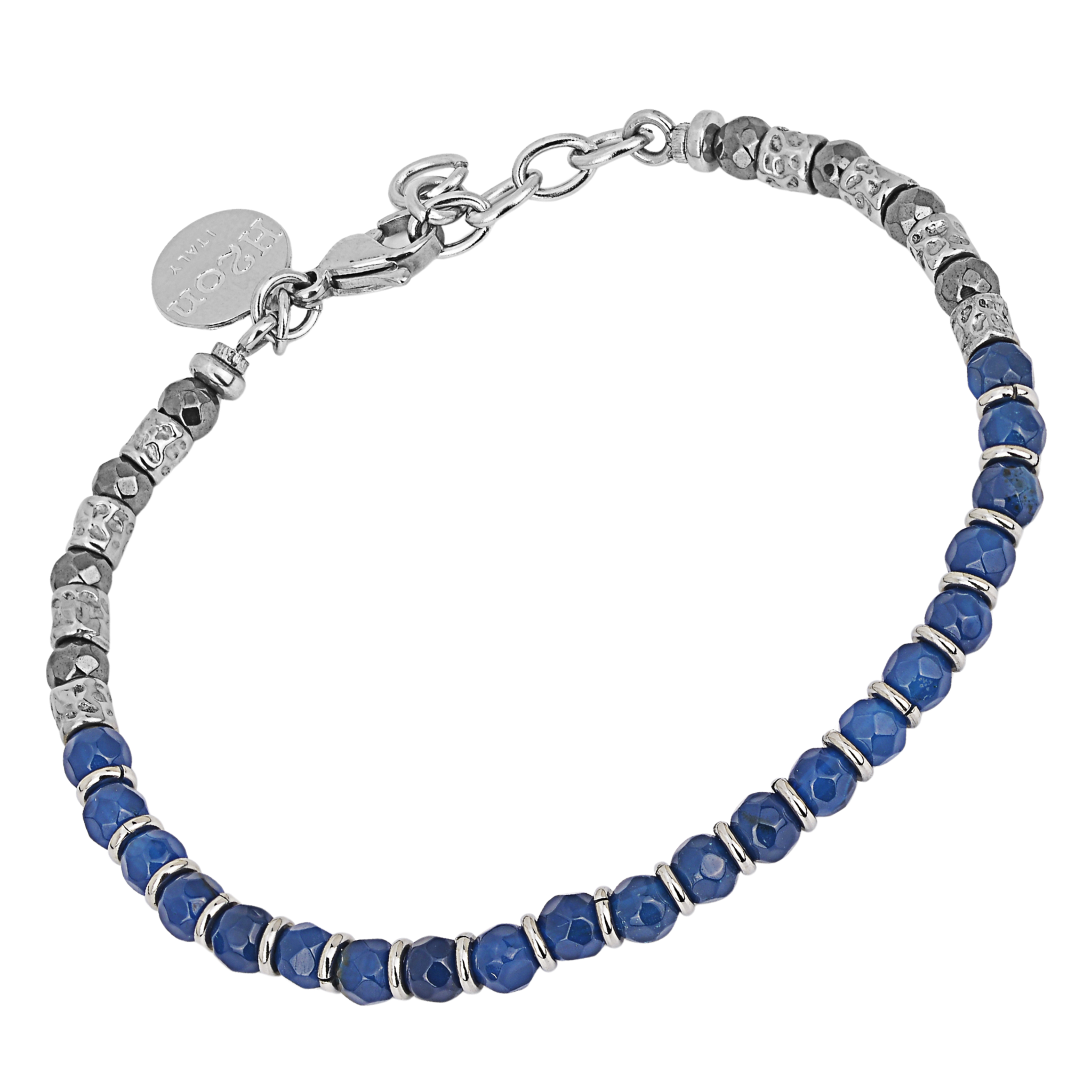 Bracciale in acciaio con Pietre naturali Agata Blu ed Ematite sfaccettata