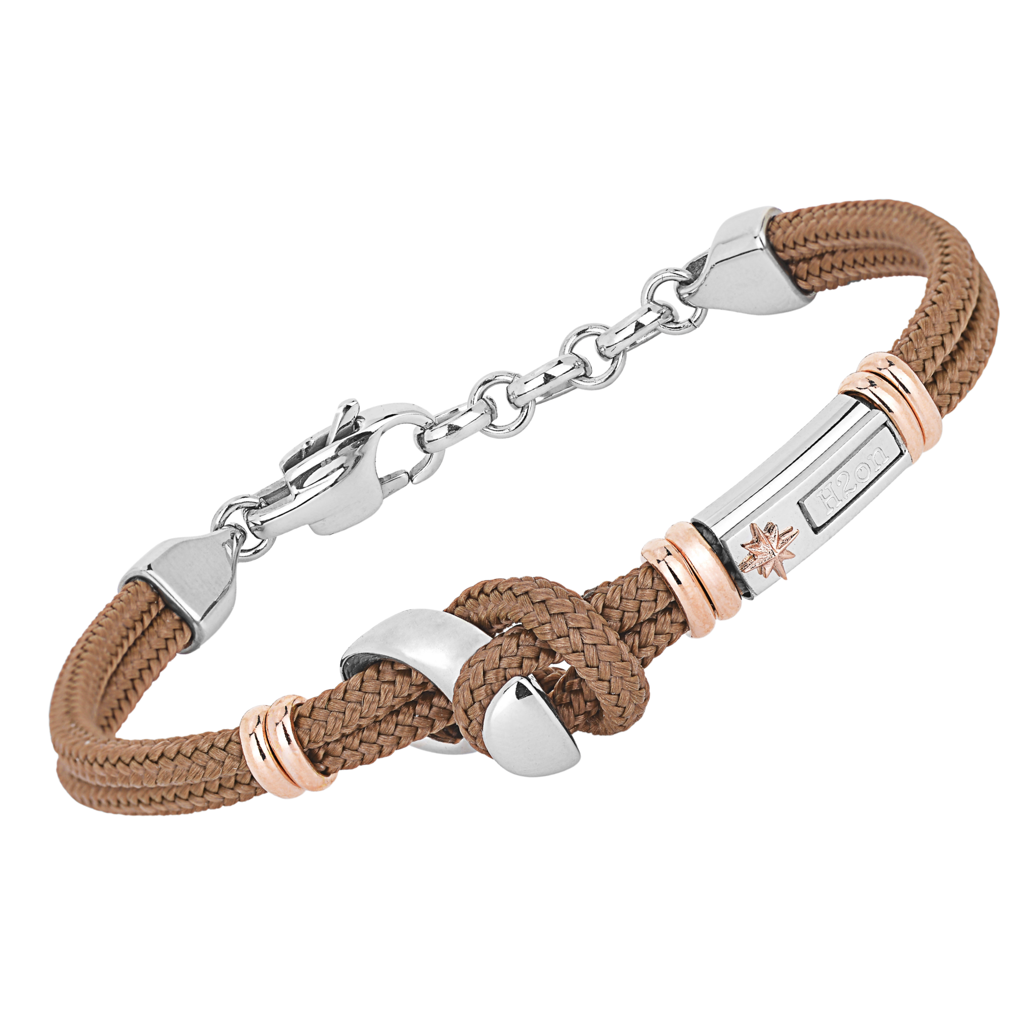 Bracciale in acciaio e corda nautica marrone con semilavorato Bitta da ormeggio