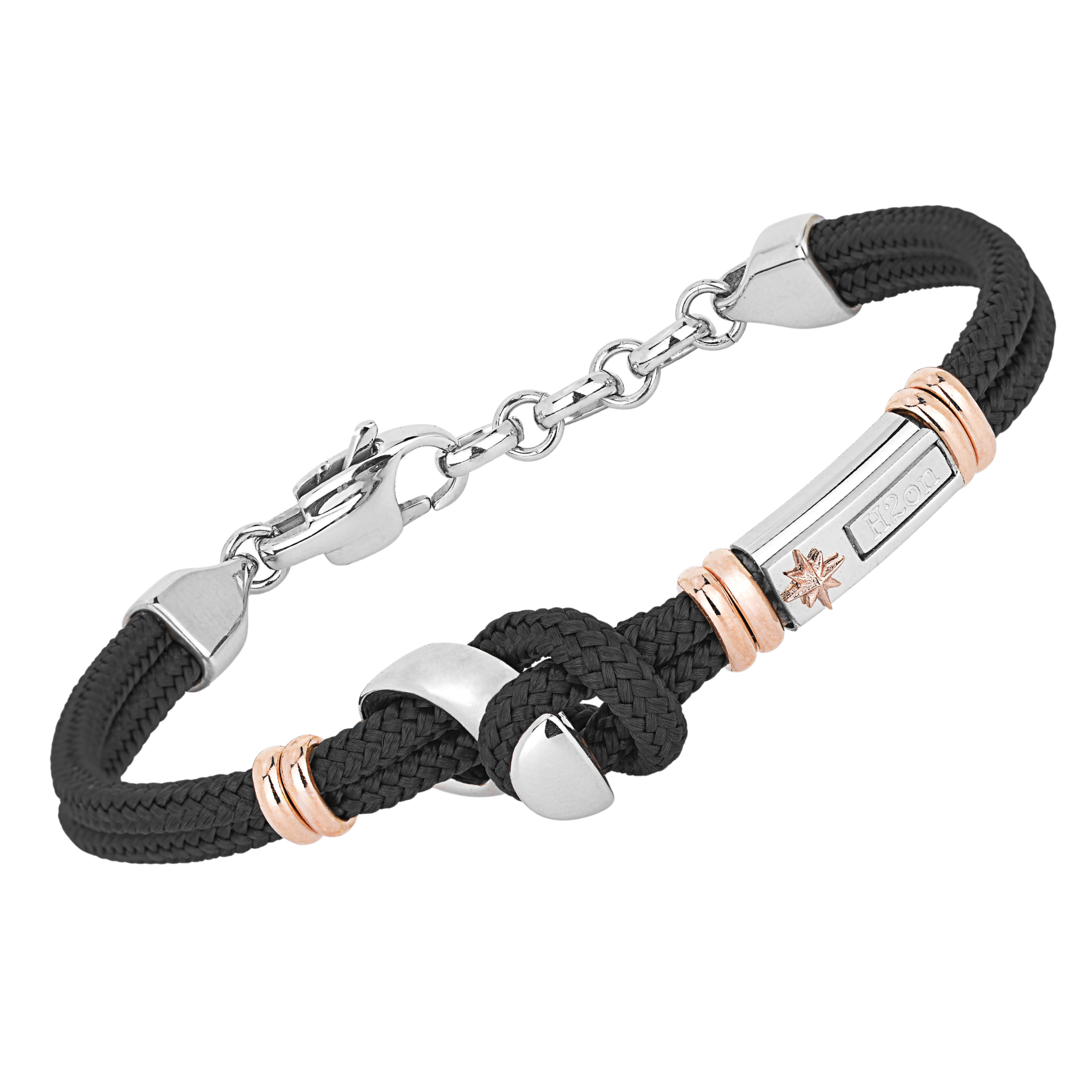 Bracciale in acciaio e corda nautica nera con semilavorato Bitta da ormeggio