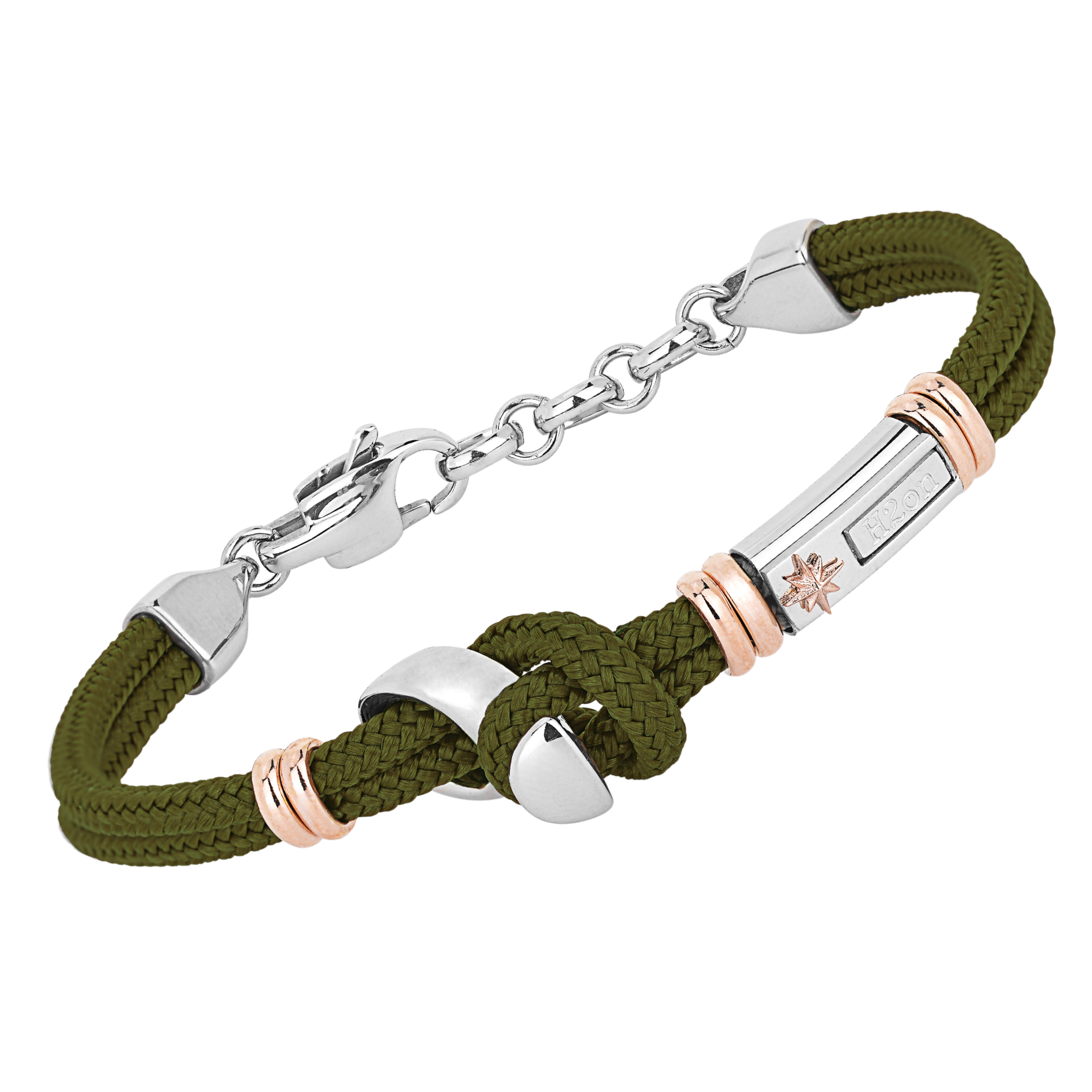Bracciale in acciaio e corda nautica verde militare con semilavorato Bitta da ormeggio