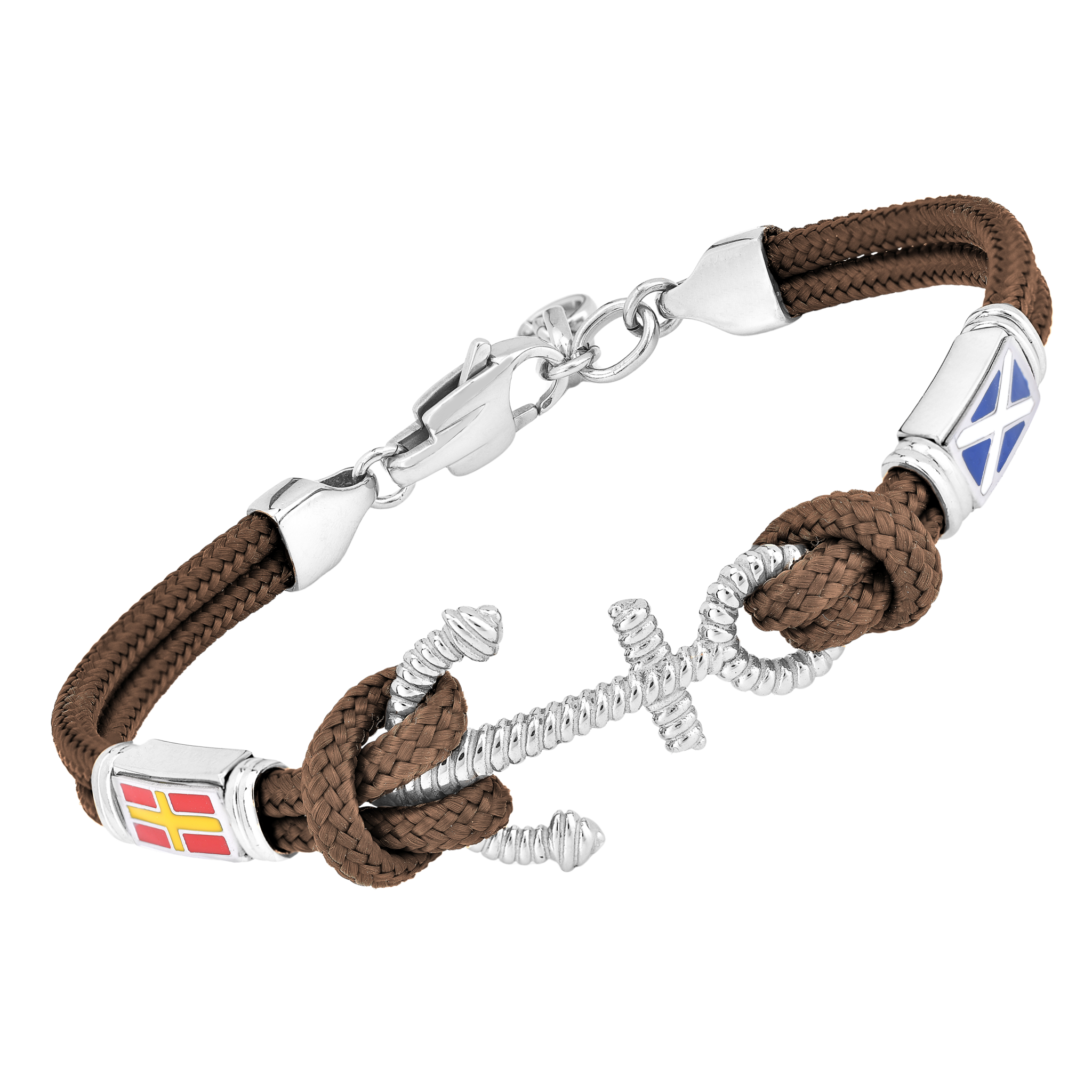 Bracciale in acciaio con ancora microfusa e corda nautica marrone