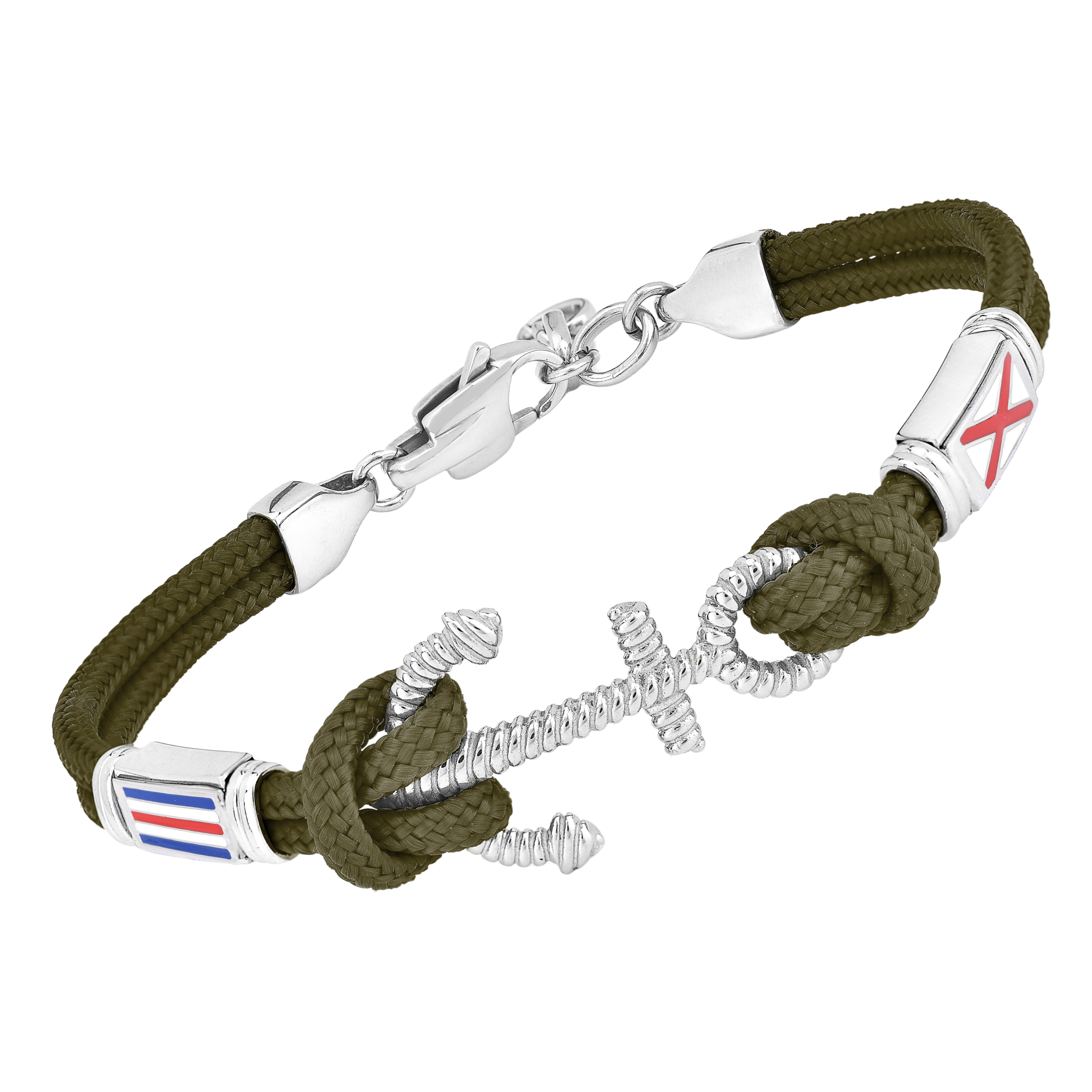 Bracciale in acciaio con ancora microfusa e corda nautica verde militare