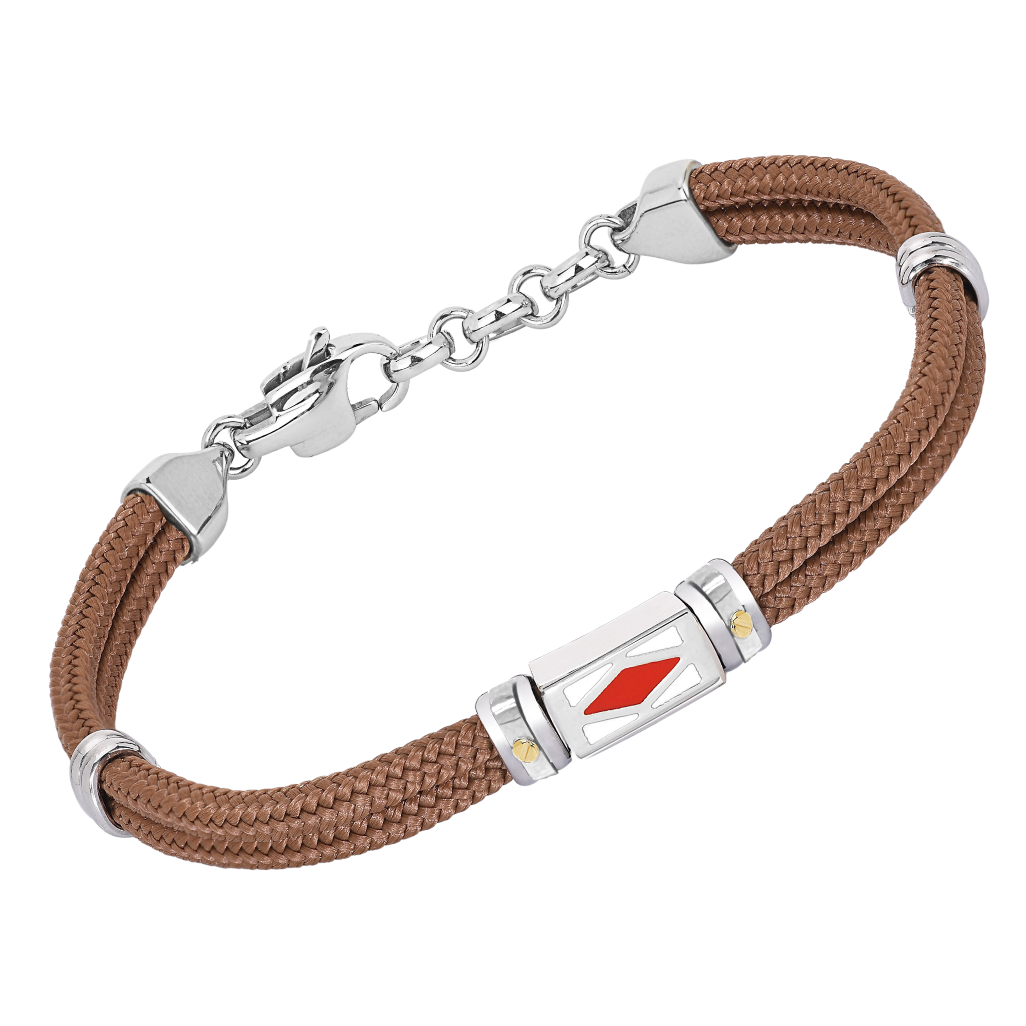 Bracciale in acciaio e corda nautica marrone con bandiera smaltata e viti in oro 18kt (gr 0.04)