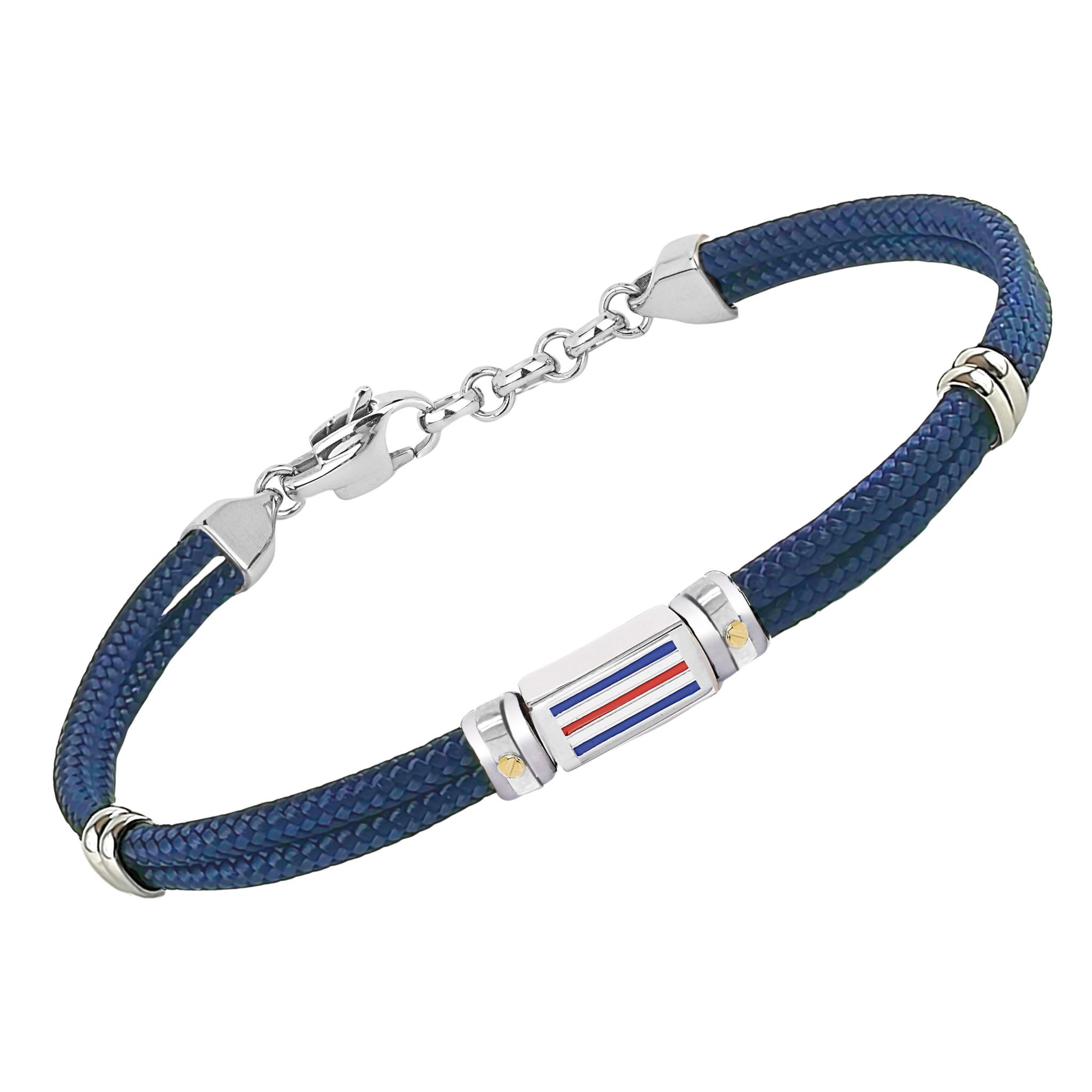 Bracciale in acciaio e corda nautica blu scuro con bandiera smaltata e viti in oro 18kt (gr 0.04)