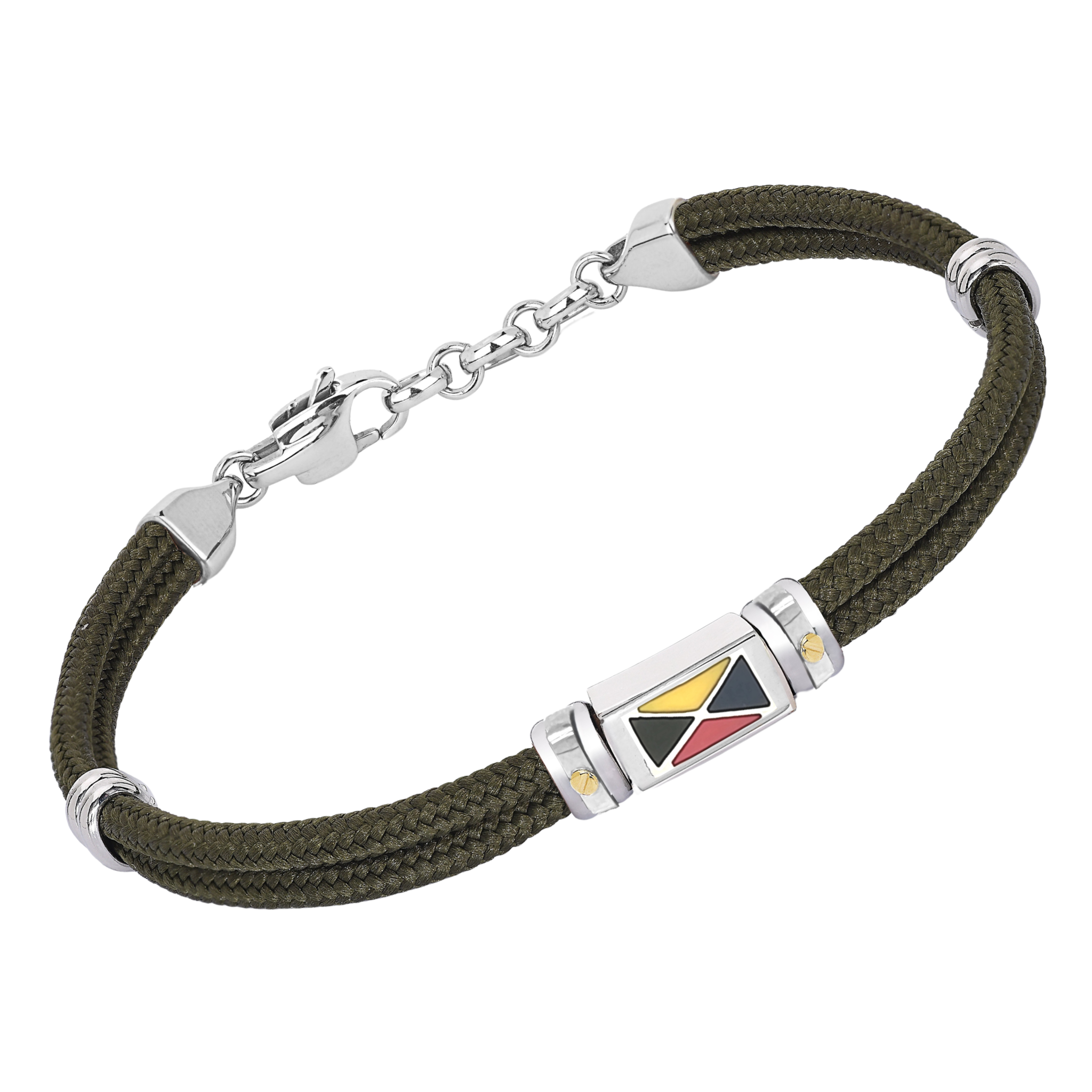 Bracciale in acciaio e corda nautica verde con bandiera smaltata e viti in oro 18kt (gr 0.04)