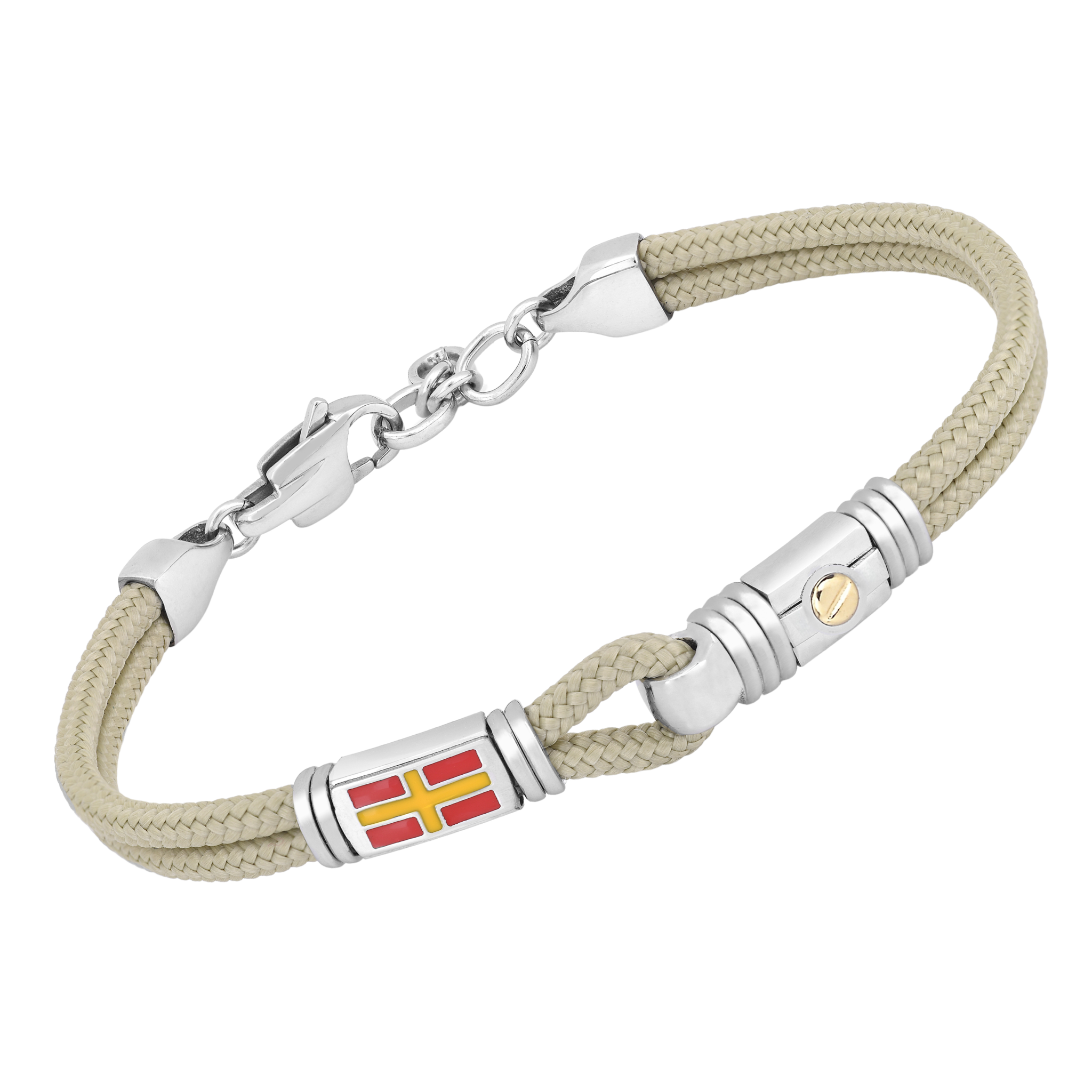 Bracciale in acciaio con semilavorato e corda nautica beige e vite in oro 18 Kt (gr 0.03)