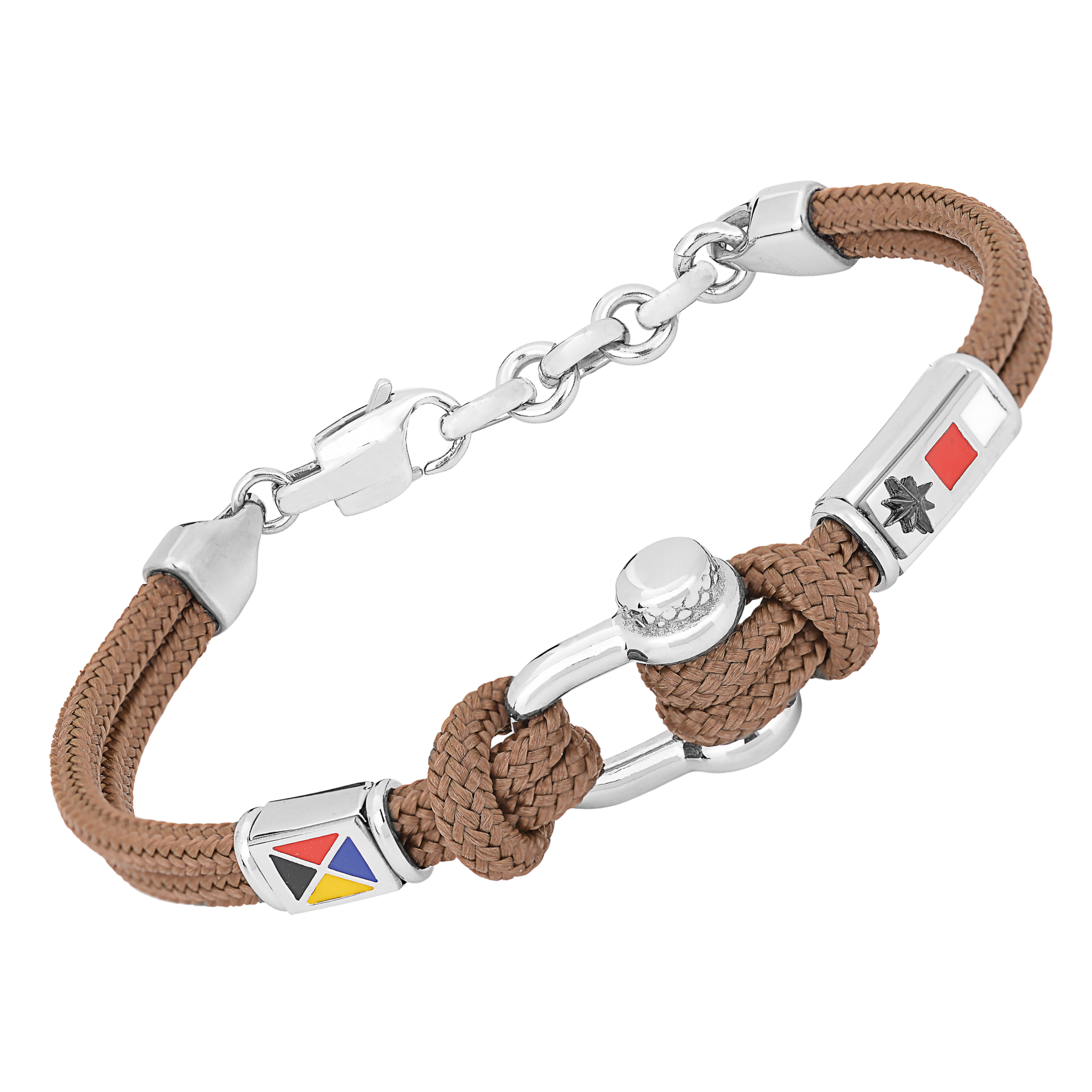 Bracciale in acciaio e corda nautica marrone con semilavorato Grillo e bandiere smaltate