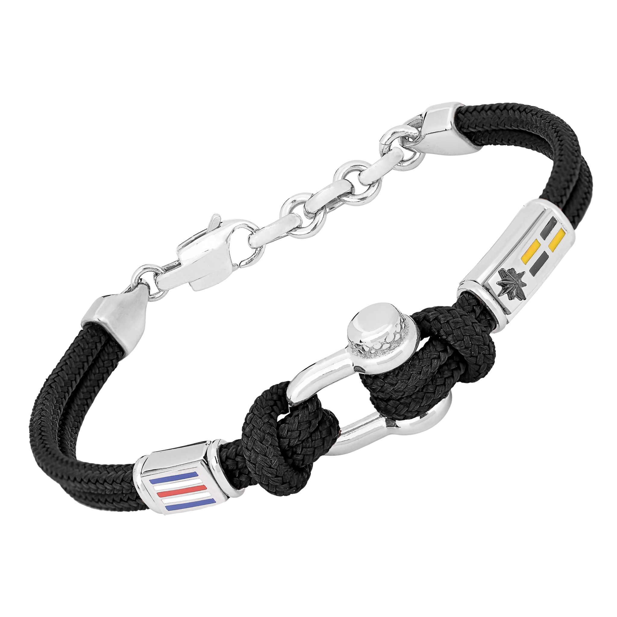 Bracciale in acciaio e corda nautica nera con semilavorato Grillo e bandiere smaltate
