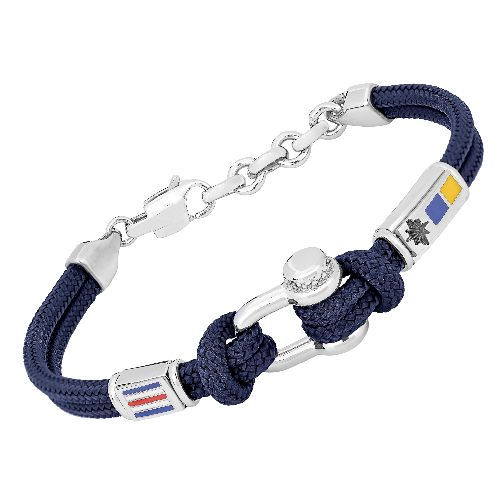 Bracciale in acciaio e corda nautica blu con semilavorato Grillo e bandiere smaltate