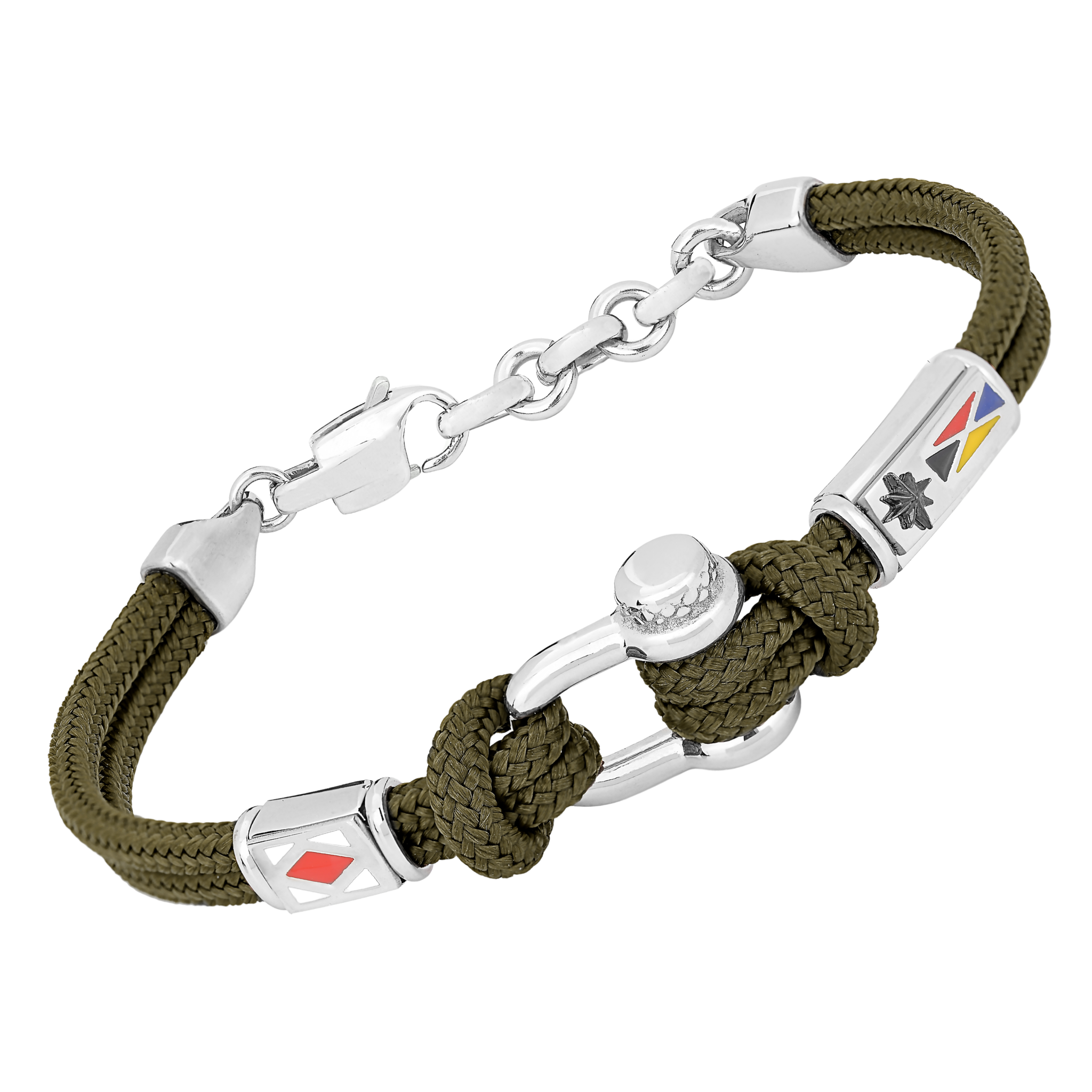 Bracciale in acciaio e corda nautica verde con semilavorato Grillo e bandiere smaltate