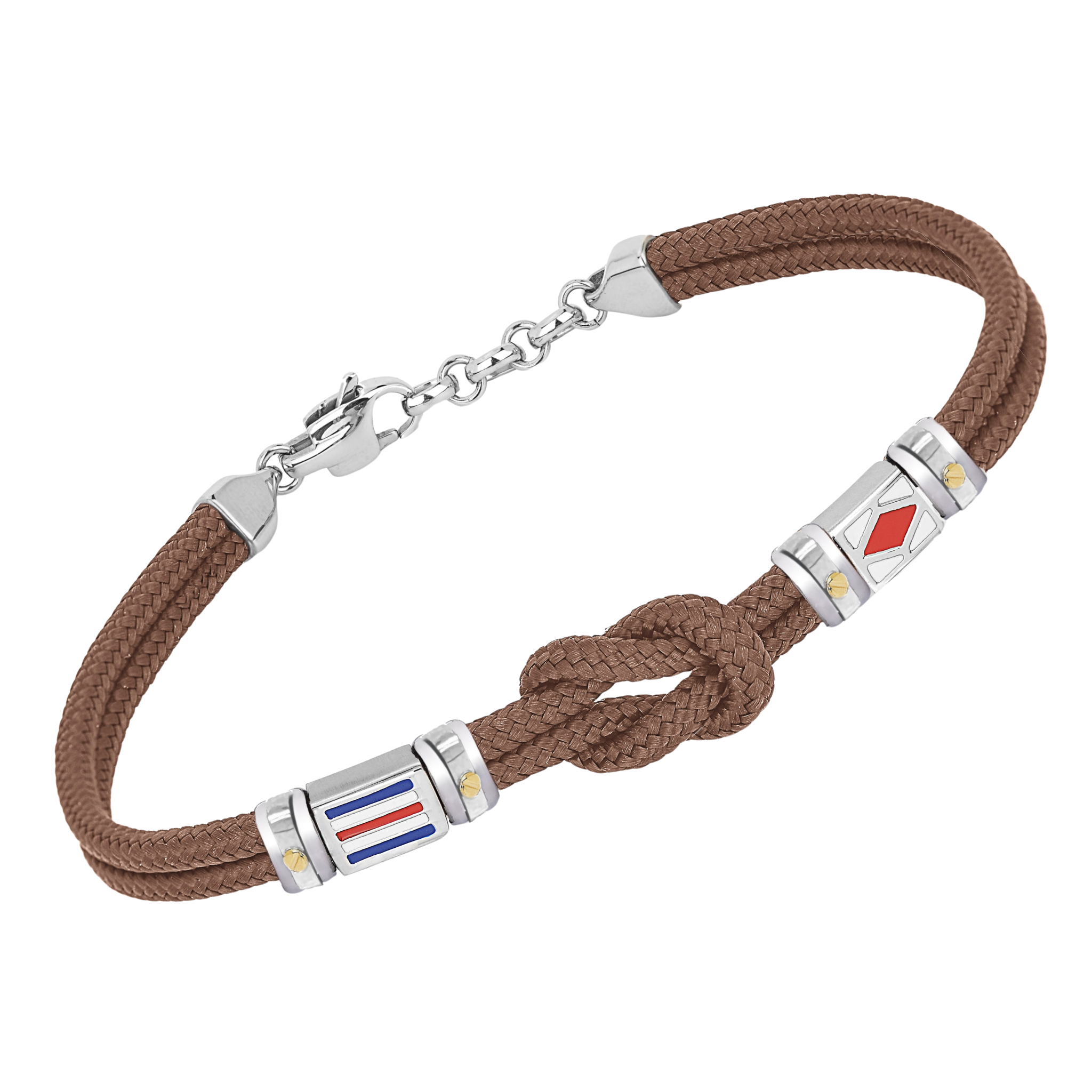 Bracciale in acciaio e corda nautica marrone con bandiere smaltate e nodo e viti in oro 18kt (gr 0.08)