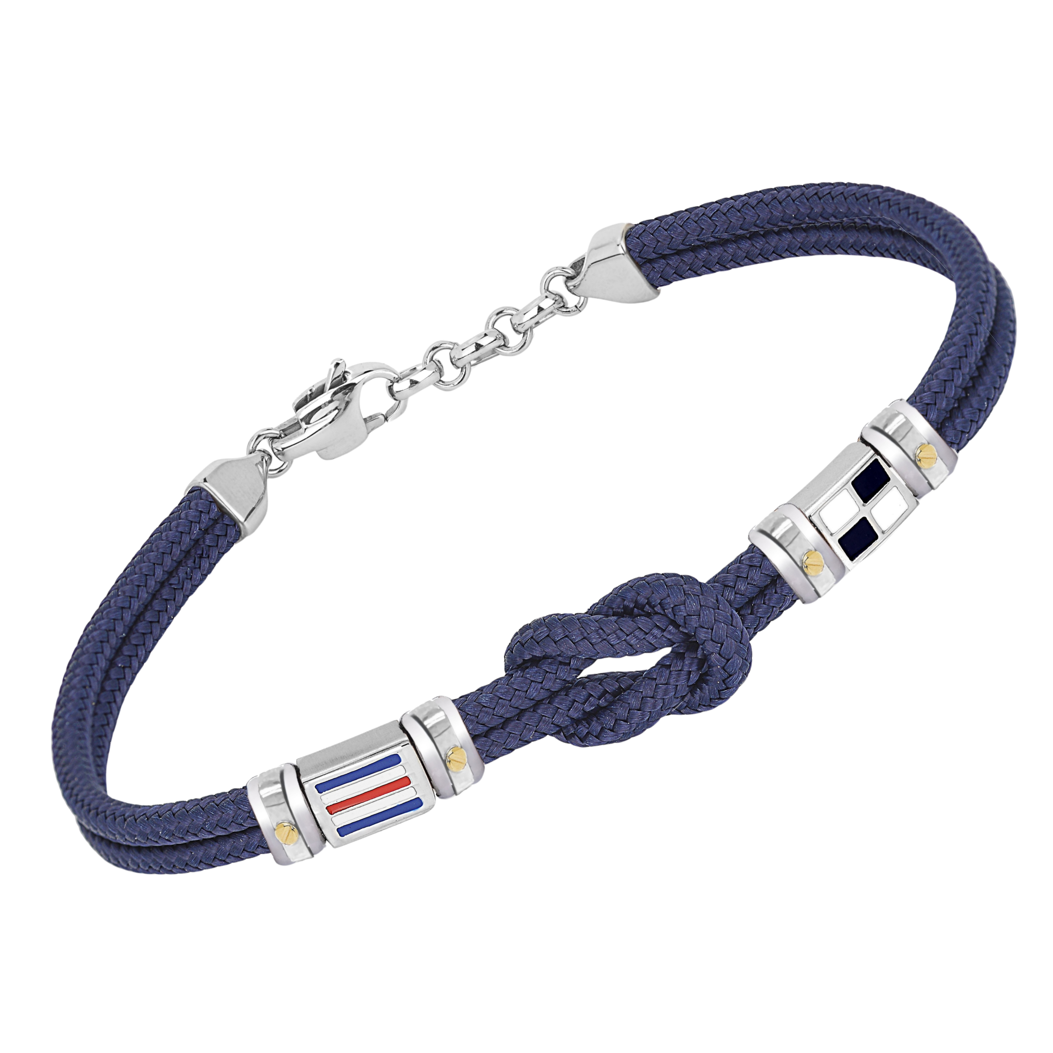 Bracciale in acciaio e corda nautica nera con bandiere smaltate e nodo e viti in oro 18kt (gr 0.08)