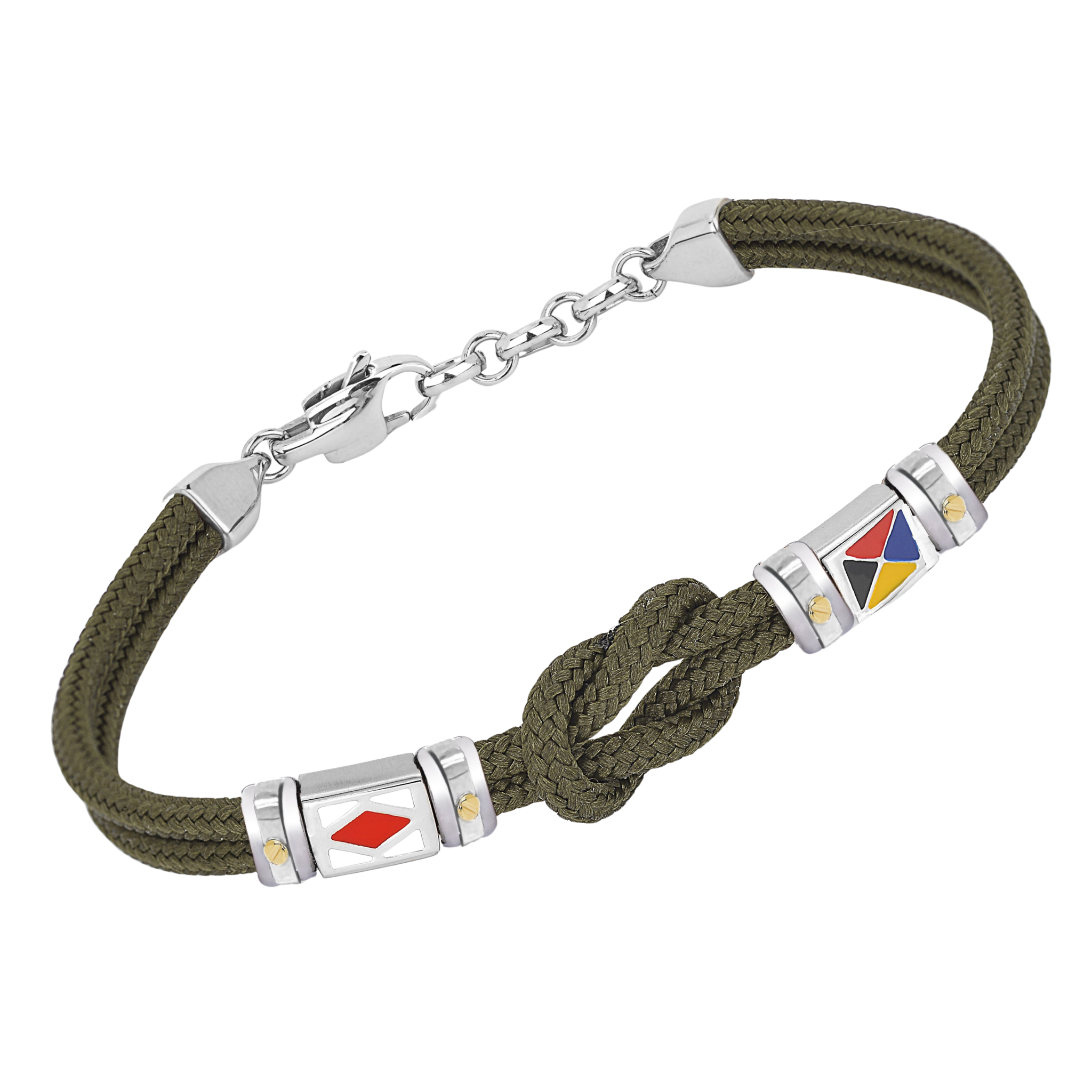 Bracciale in acciaio e corda nautica verde con bandiere smaltate e nodo e viti in oro 18kt (gr 0.08)