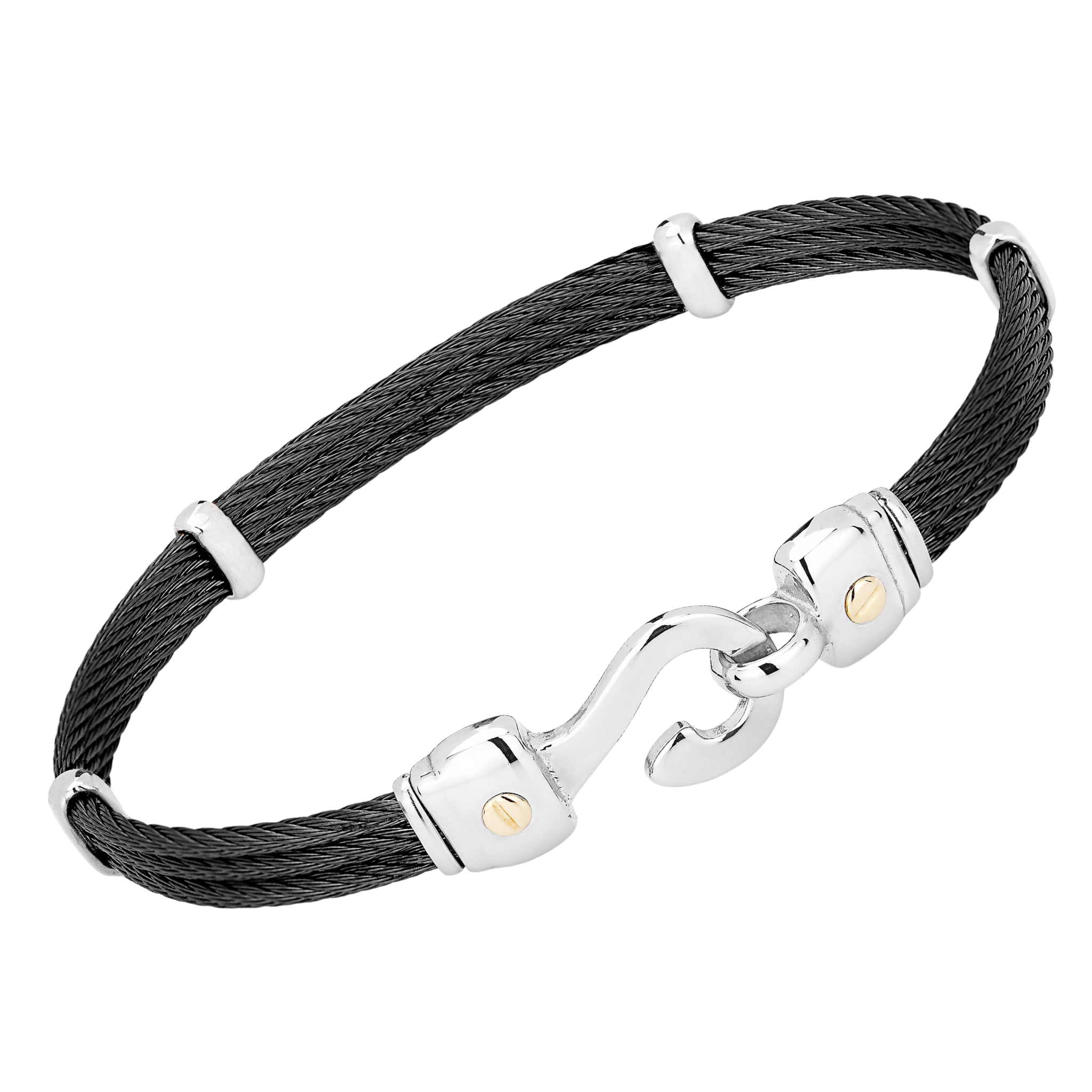 Bracciale con amo in acciaio PVD nero e viti in oro giallo 18Kt (gr 0.06)