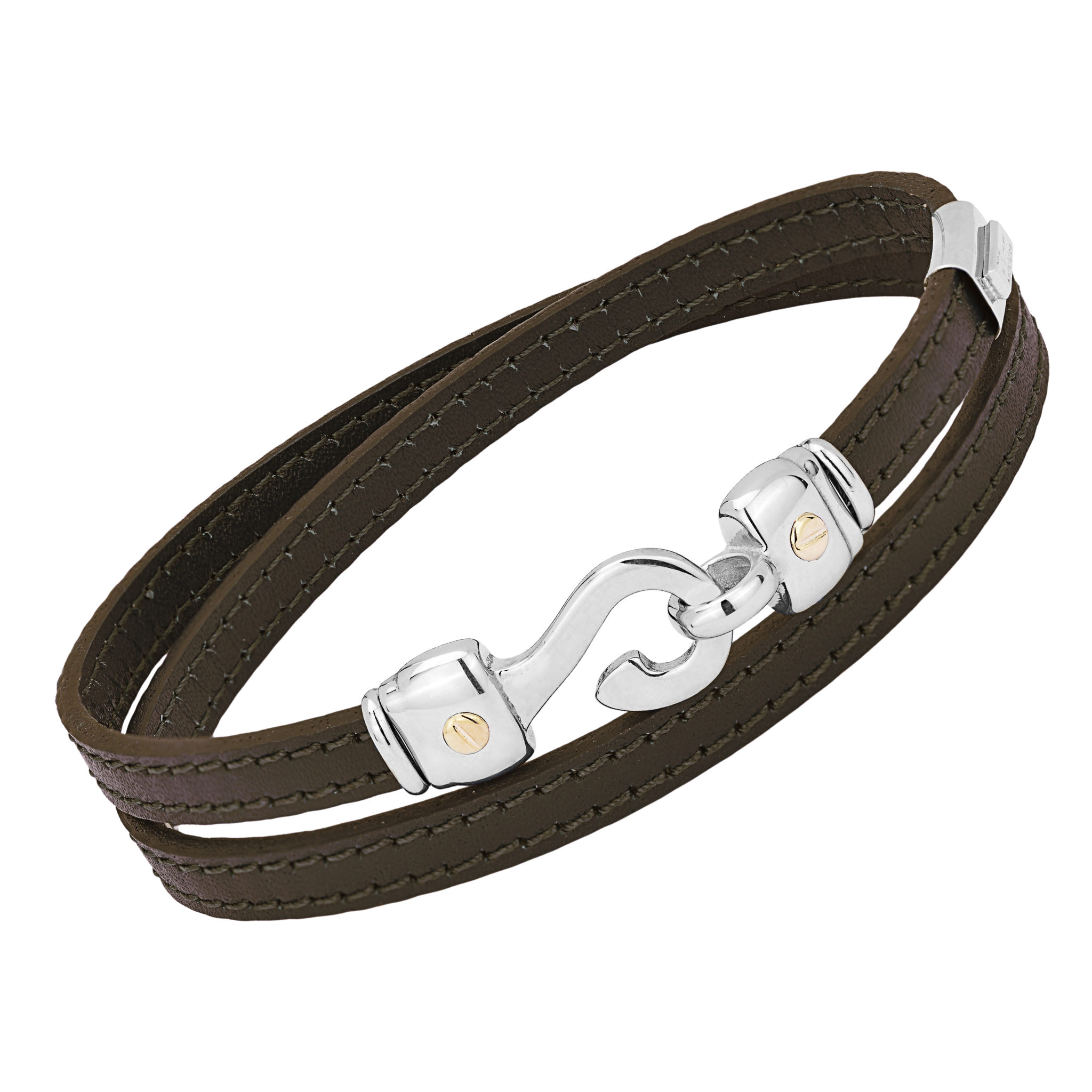 Bracciale in cuoio marrone con amo in acciaio e viti in oro giallo 18Kt (gr 0.06)