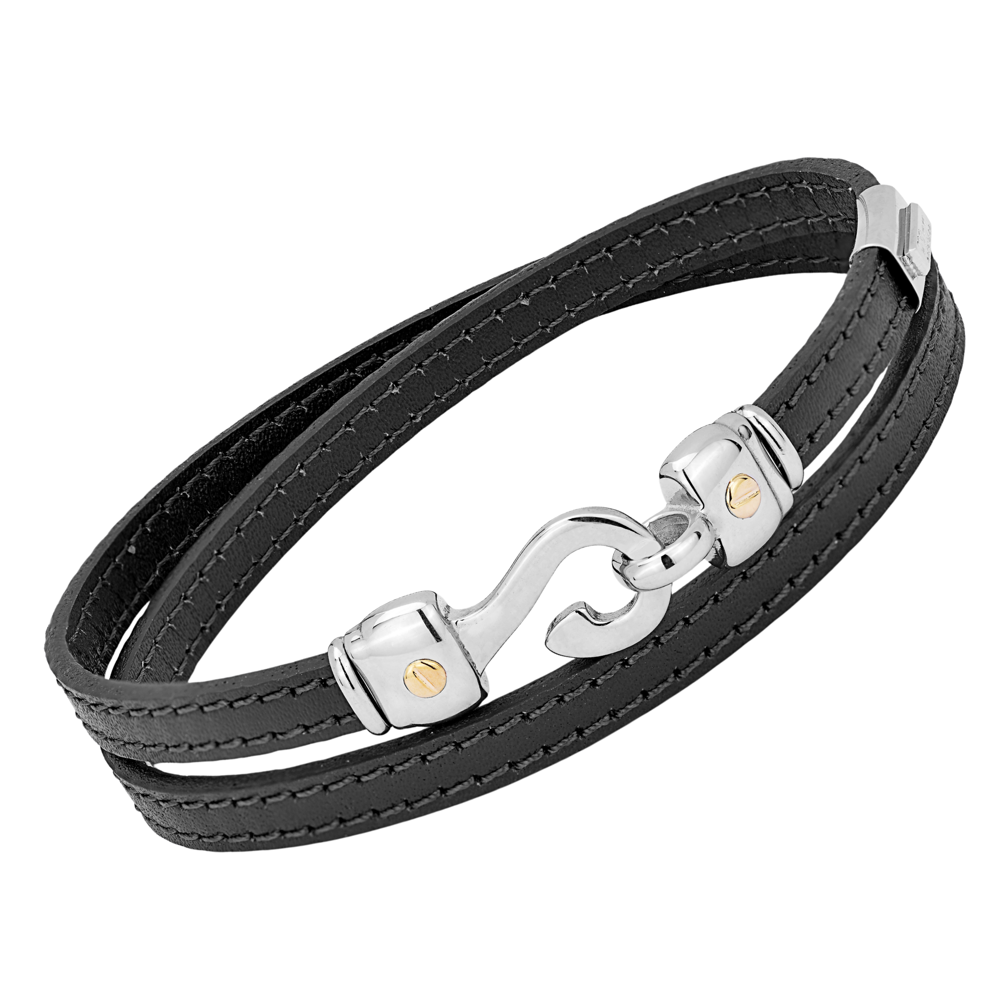 Bracciale in cuoio nero con amo in acciaio e viti in oro giallo 18Kt (gr 0.06)