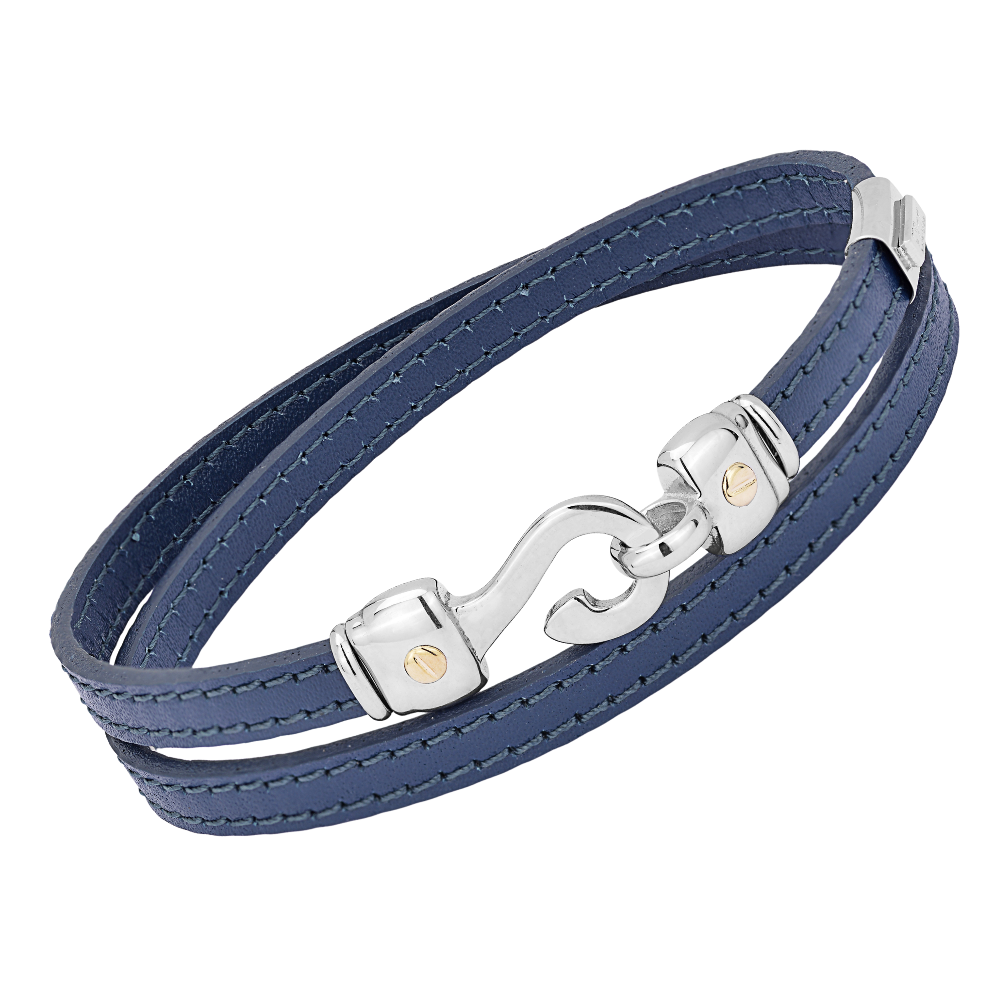 Bracciale in cuoio blu con amo in acciaio e viti in oro giallo 18Kt (gr 0.06)
