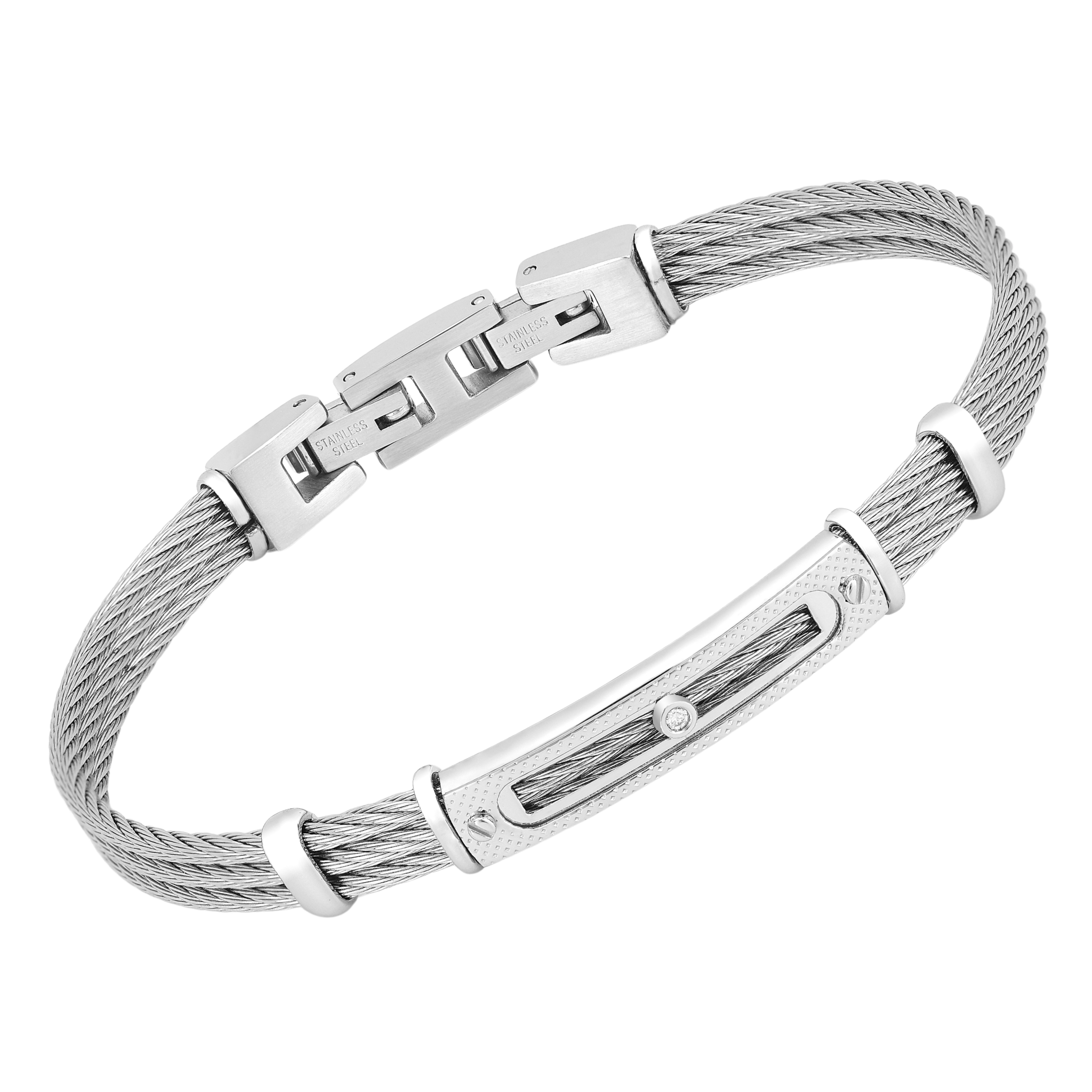 Bracciale cavetto in acciaio con piastra godronata e Diamante Naturale 0,015 ct