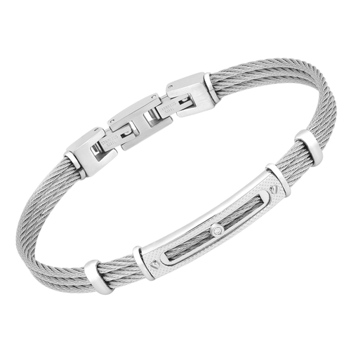 Bracciale cavetto in acciaio con piastra godronata e Diamante Naturale 0,015 ct