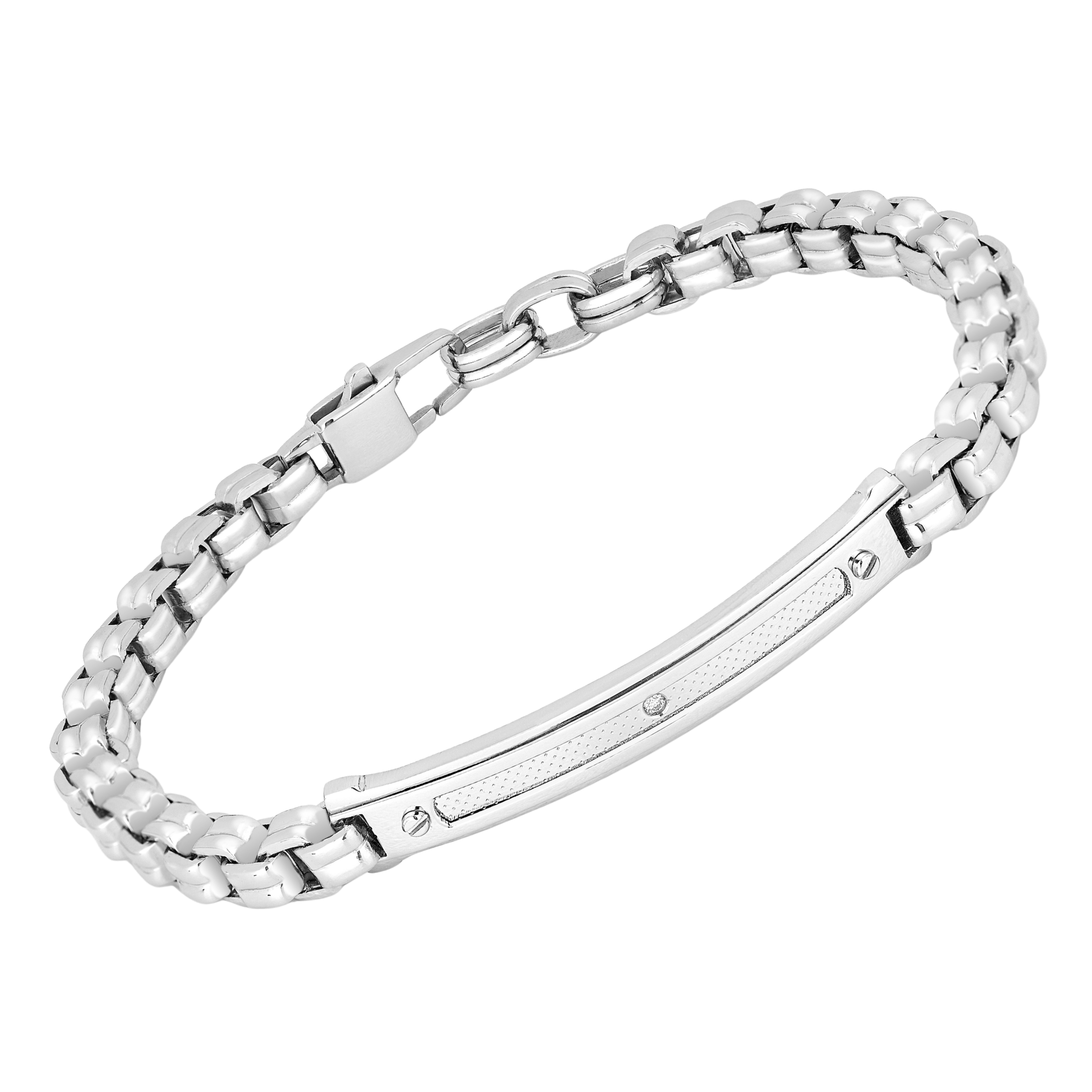 Bracciale catena in acciaio con piastra godronata e Diamante Naturale 0,015 ct