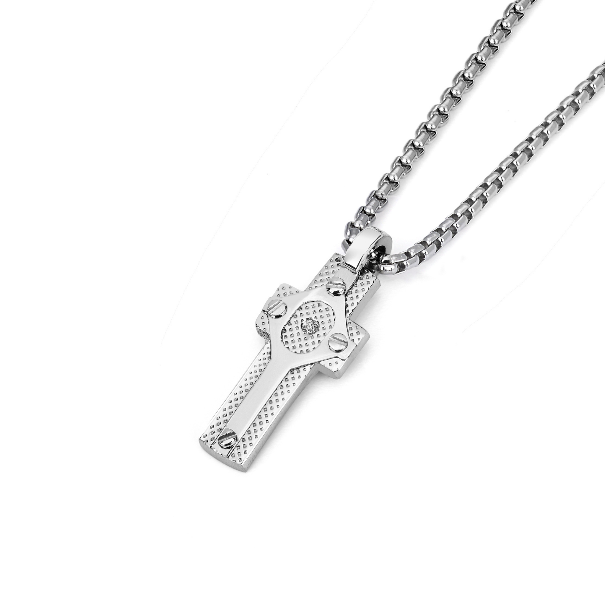 Pendente croce in acciaio con piastra godronata e Diamante Naturale 0,015 ct