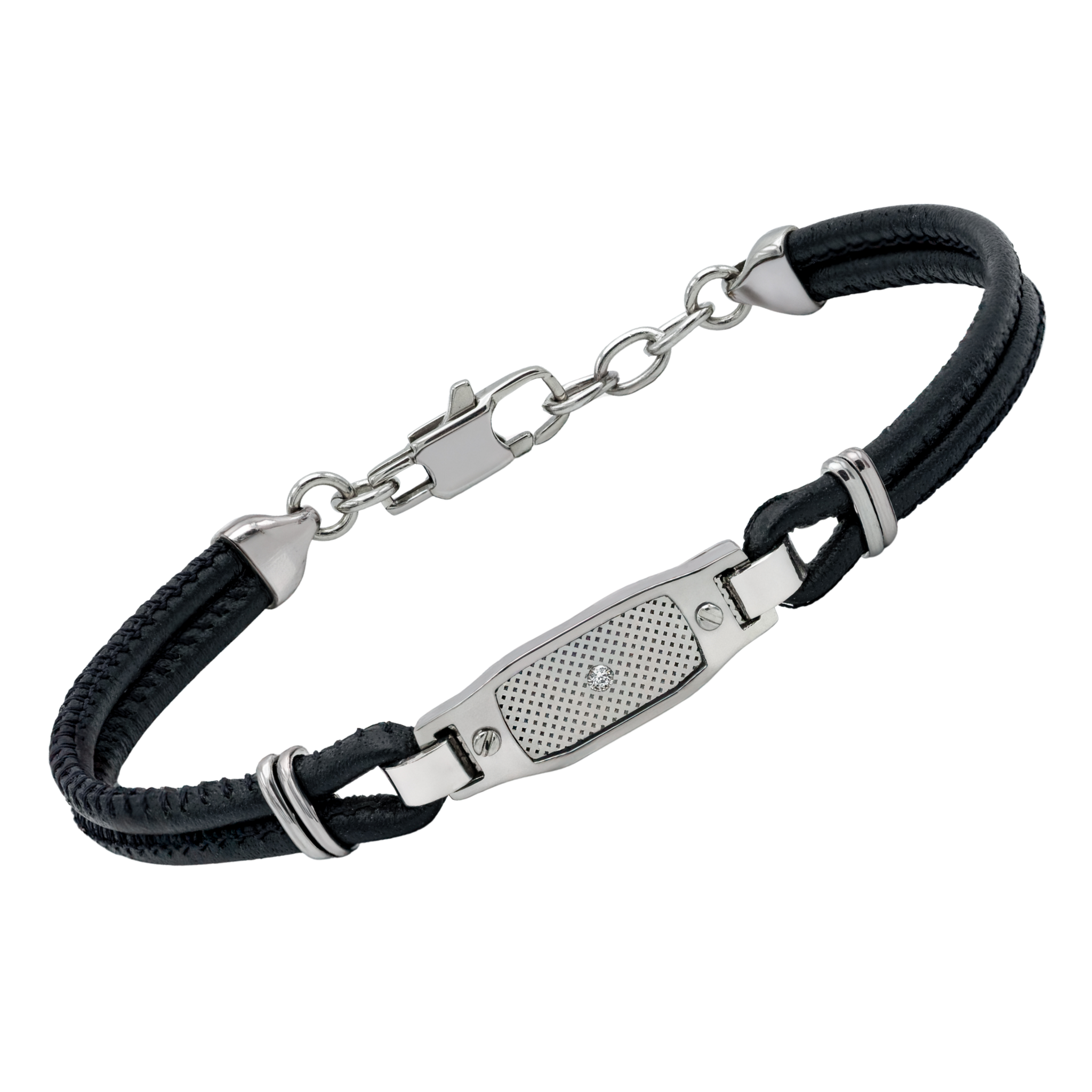 Bracciale in acciaio e cuoio nero con Diamante Naturale 0,015 ct
