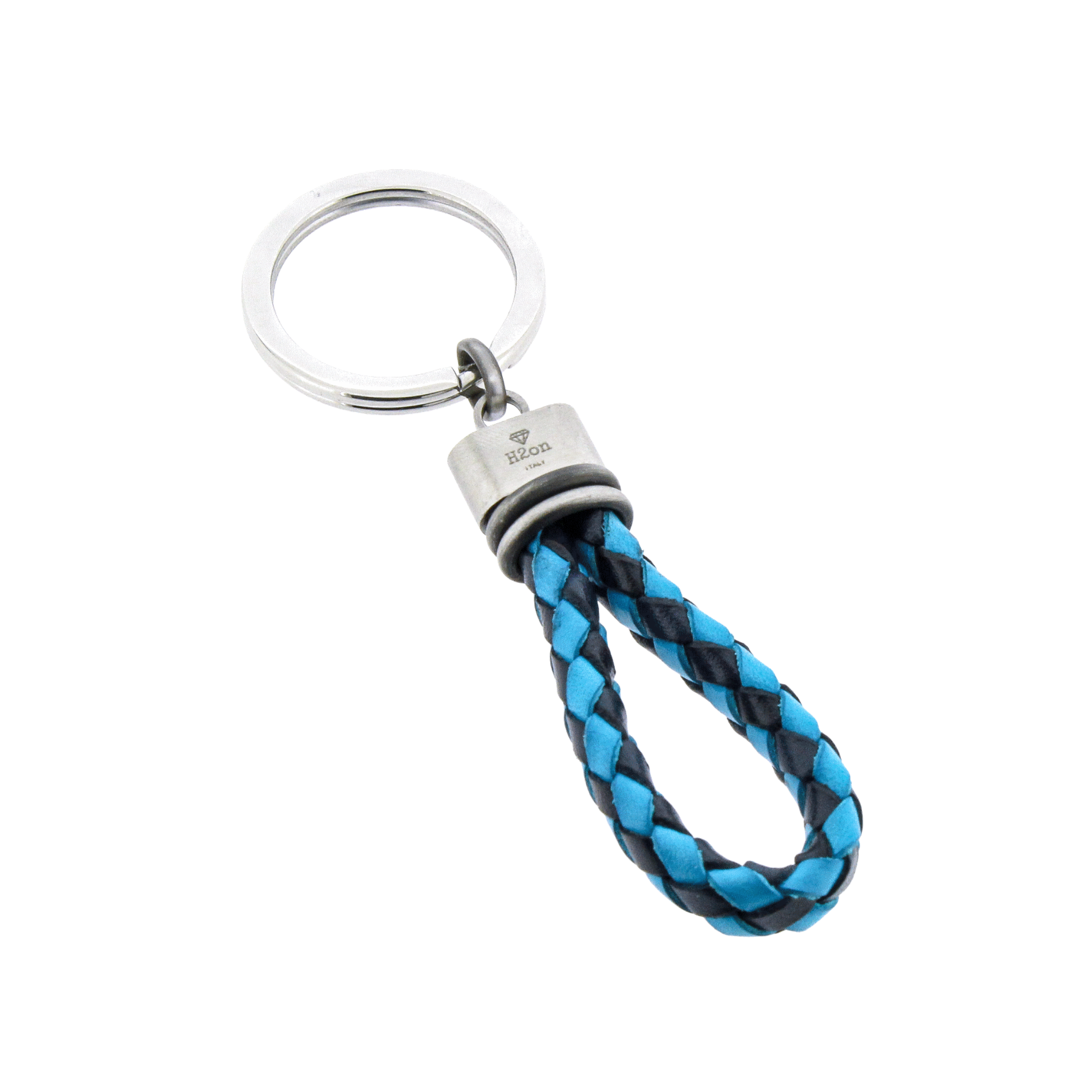 Portachiavi in acciaio con cuoio intrecciato blu/azzurro e acciaio vintage