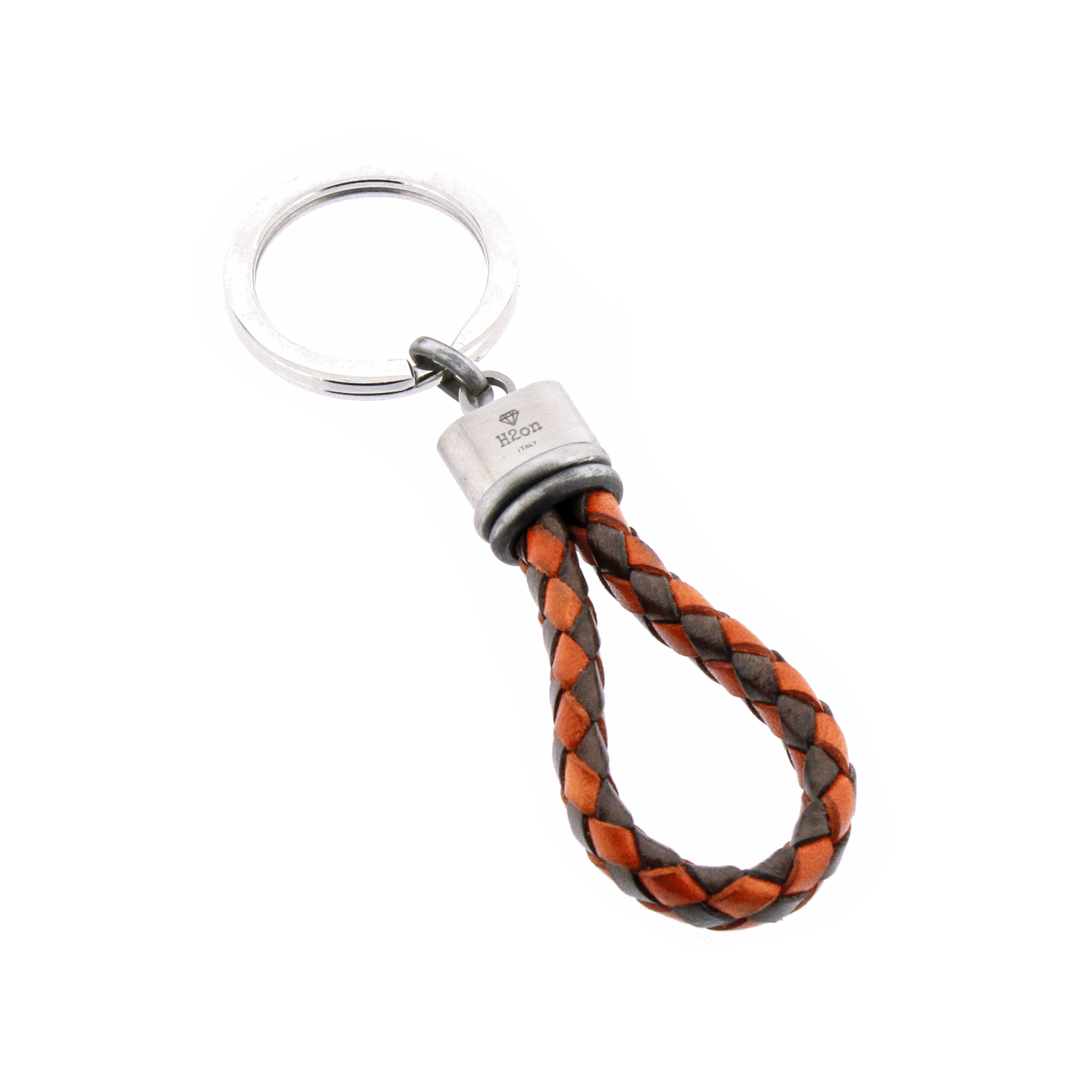 Portachiavi in acciaio con cuoio intrecciato marrone/arancio e acciaio vintage