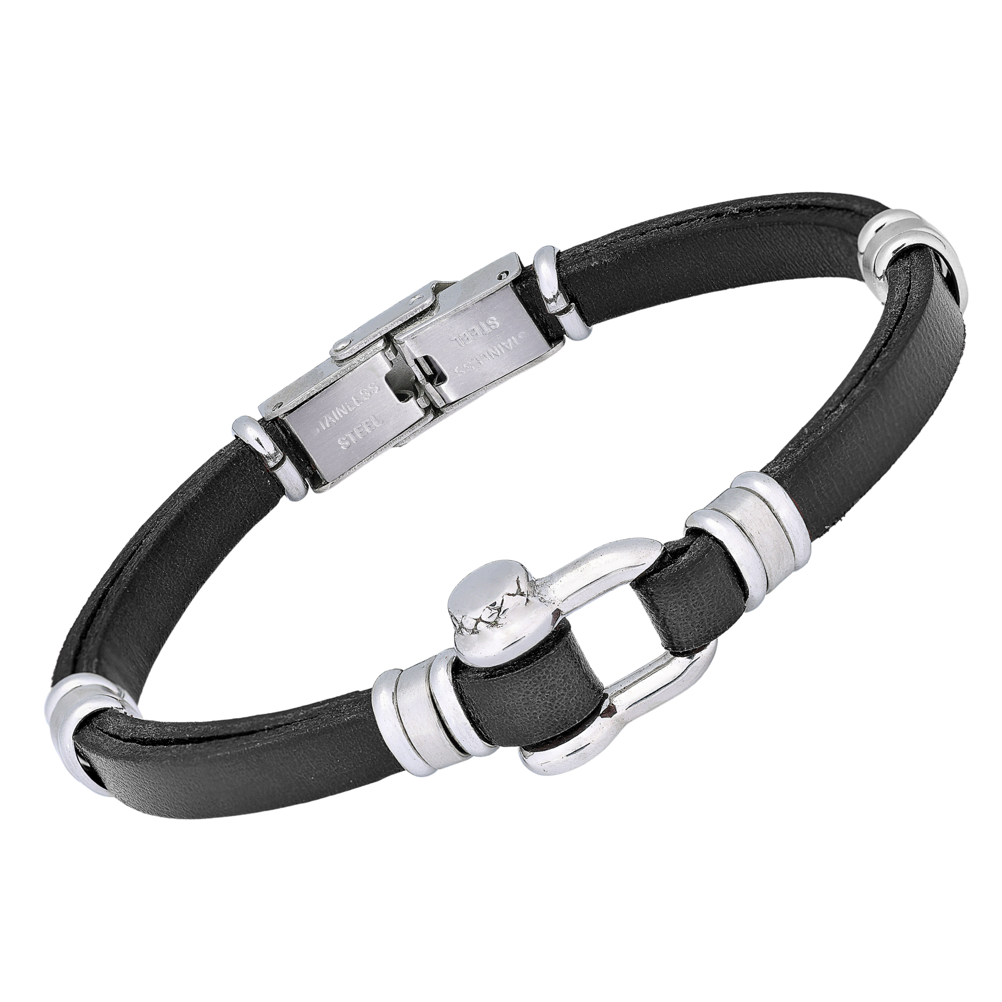 Bracciale in acciaio e cuoio nero