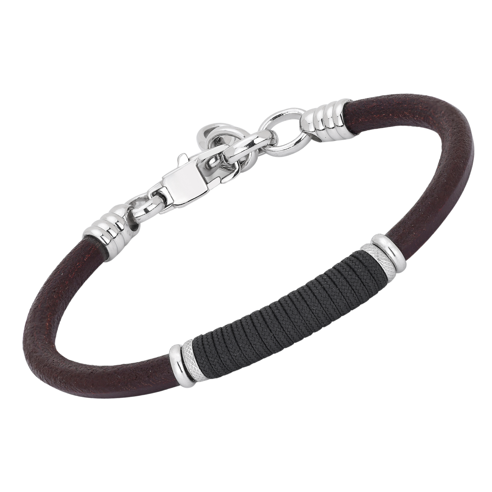 Bracciale in acciaio e cuoio tondo marrone