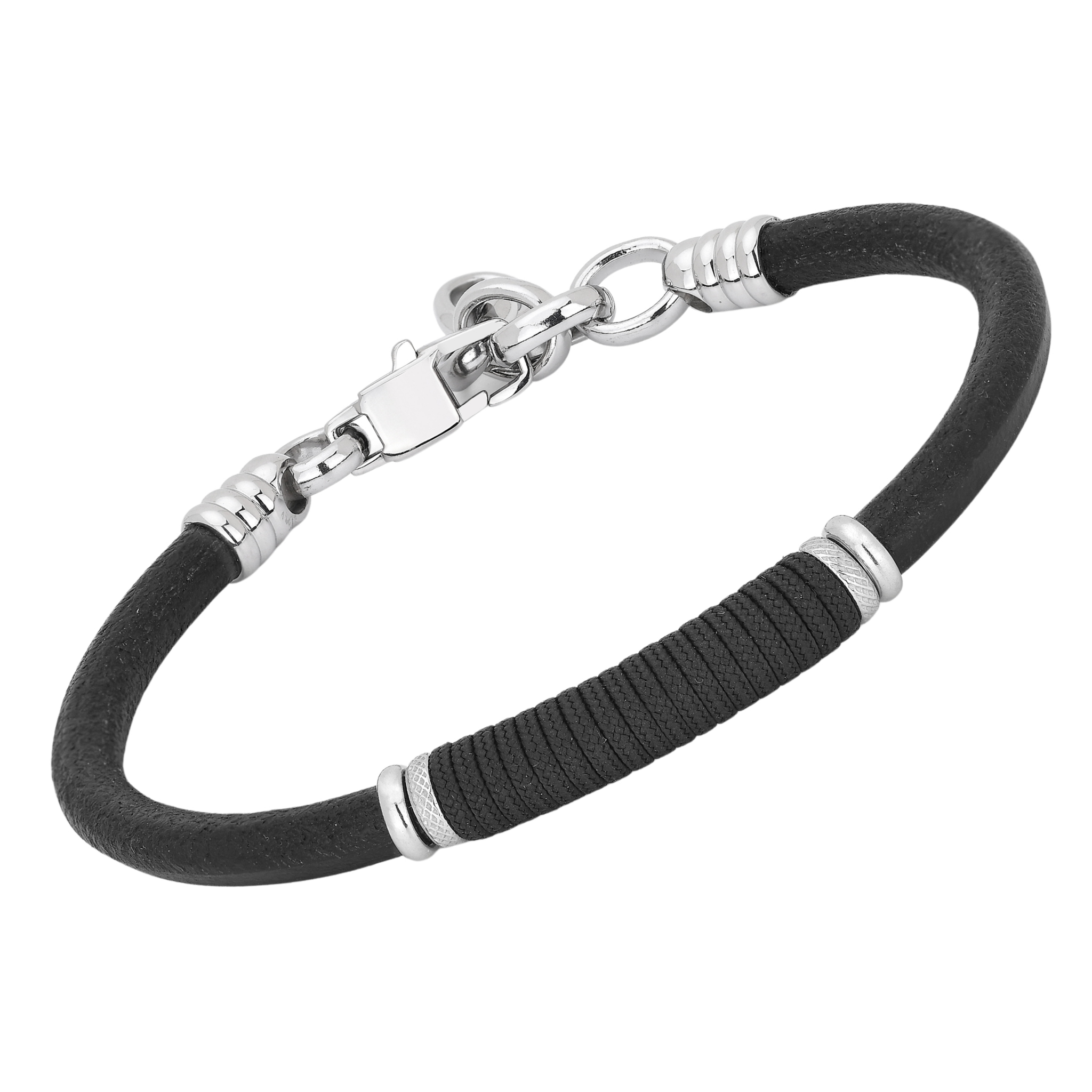 Bracciale in acciaio e cuoio tondo nero