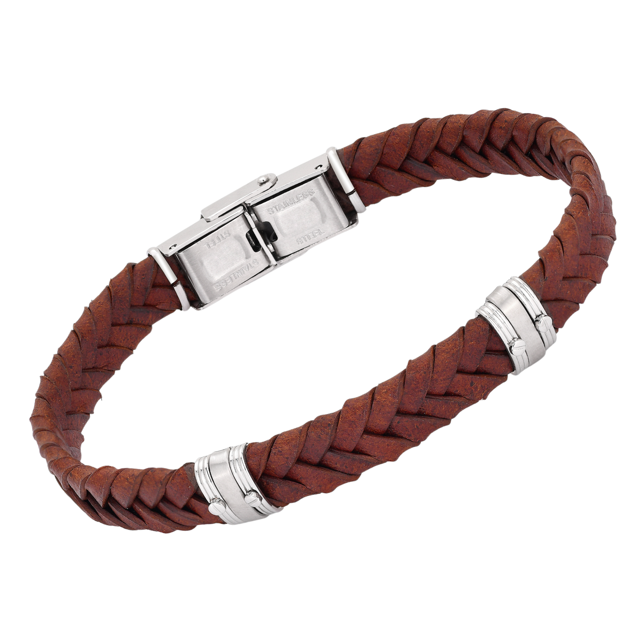 Bracciale in acciaio e cuoio marrone intrecciato