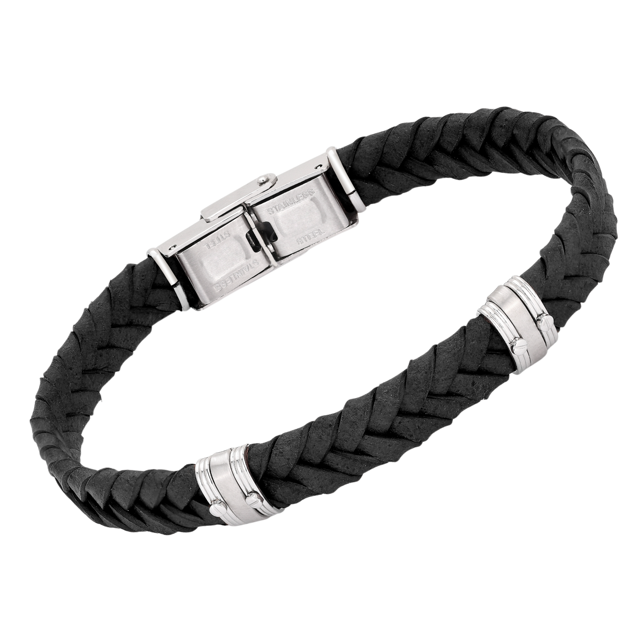 Bracciale in acciaio e cuoio nero intrecciato