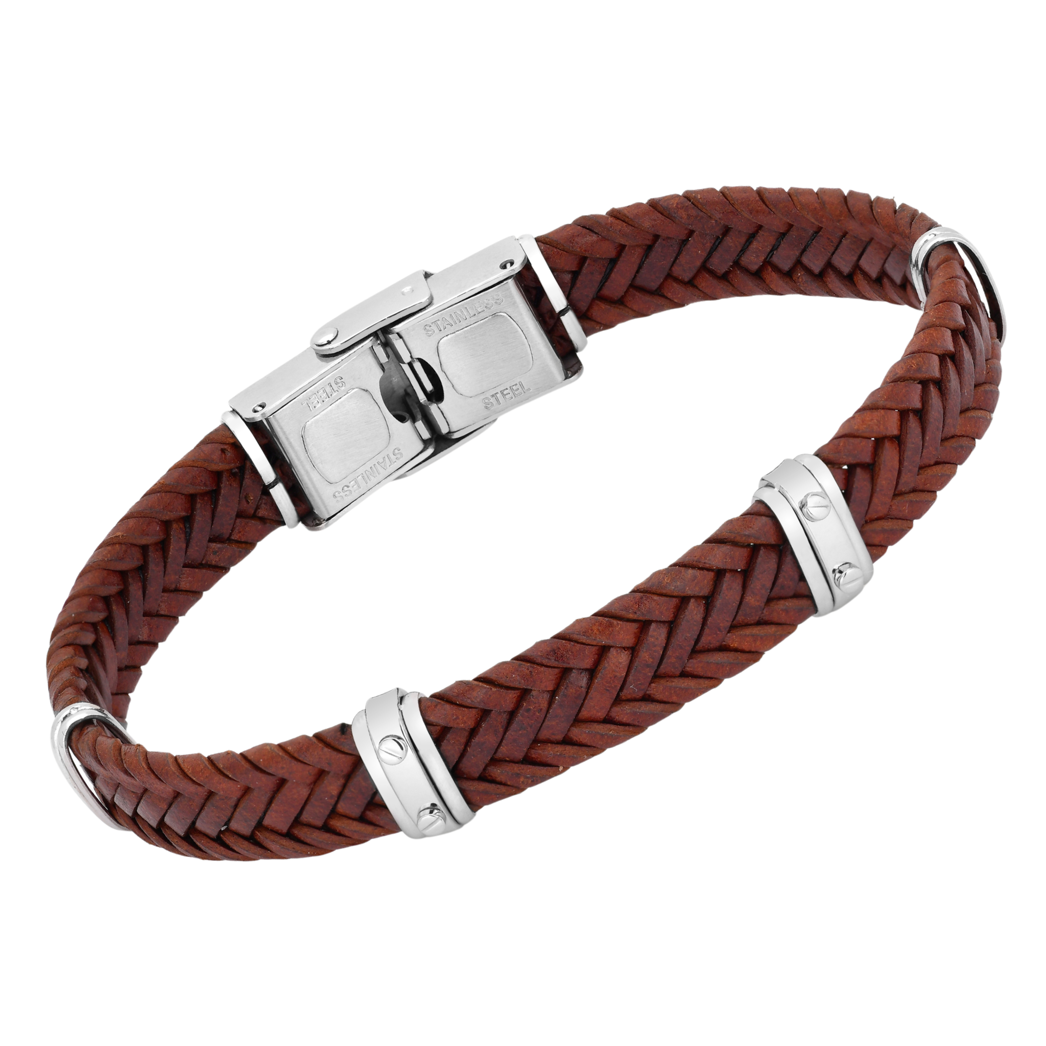 Bracciale in acciaio e cuoio marrone intrecciato largo