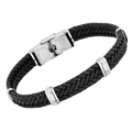 Bracciale in acciaio e cuoio nero intrecciato largo