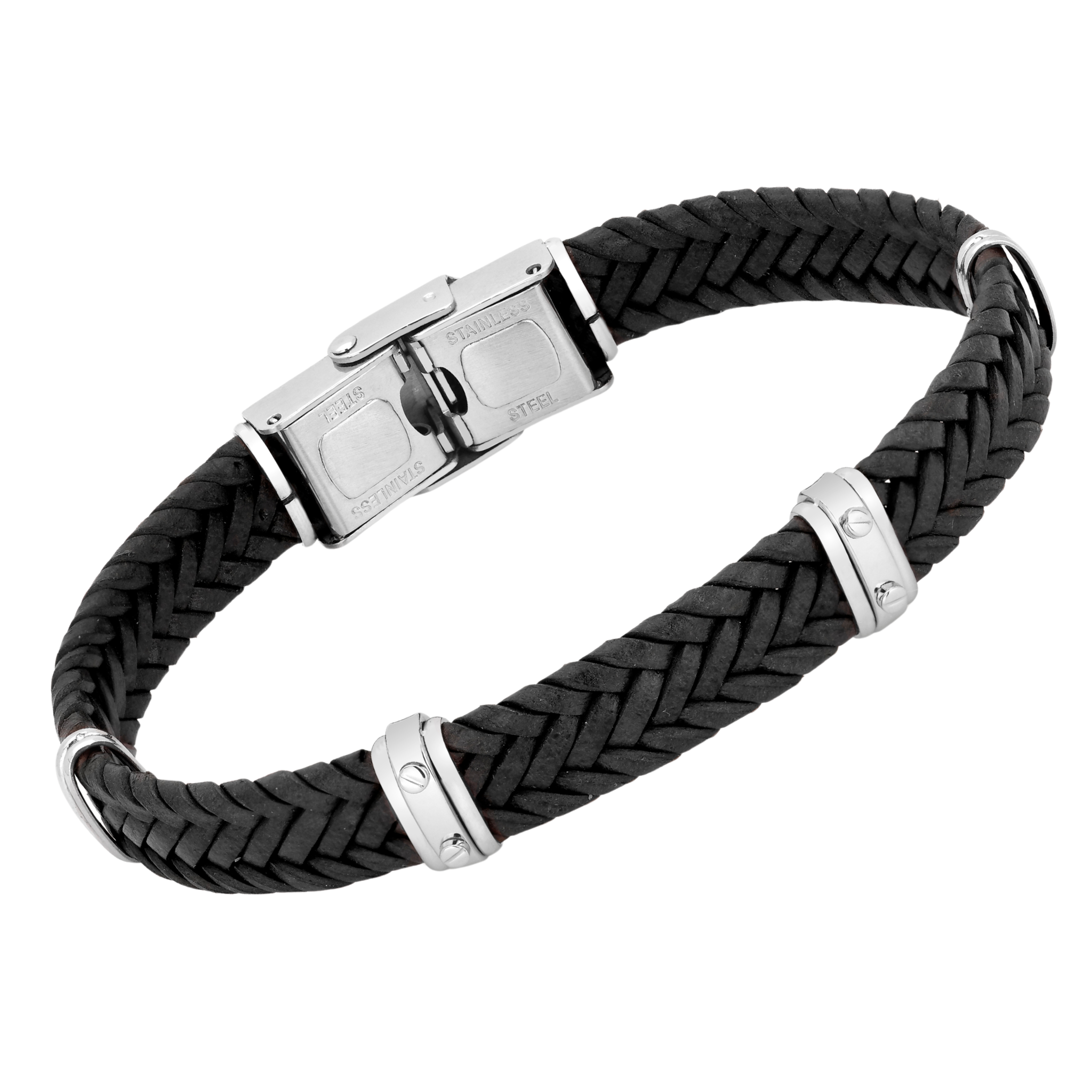 Bracciale in acciaio e cuoio nero intrecciato largo