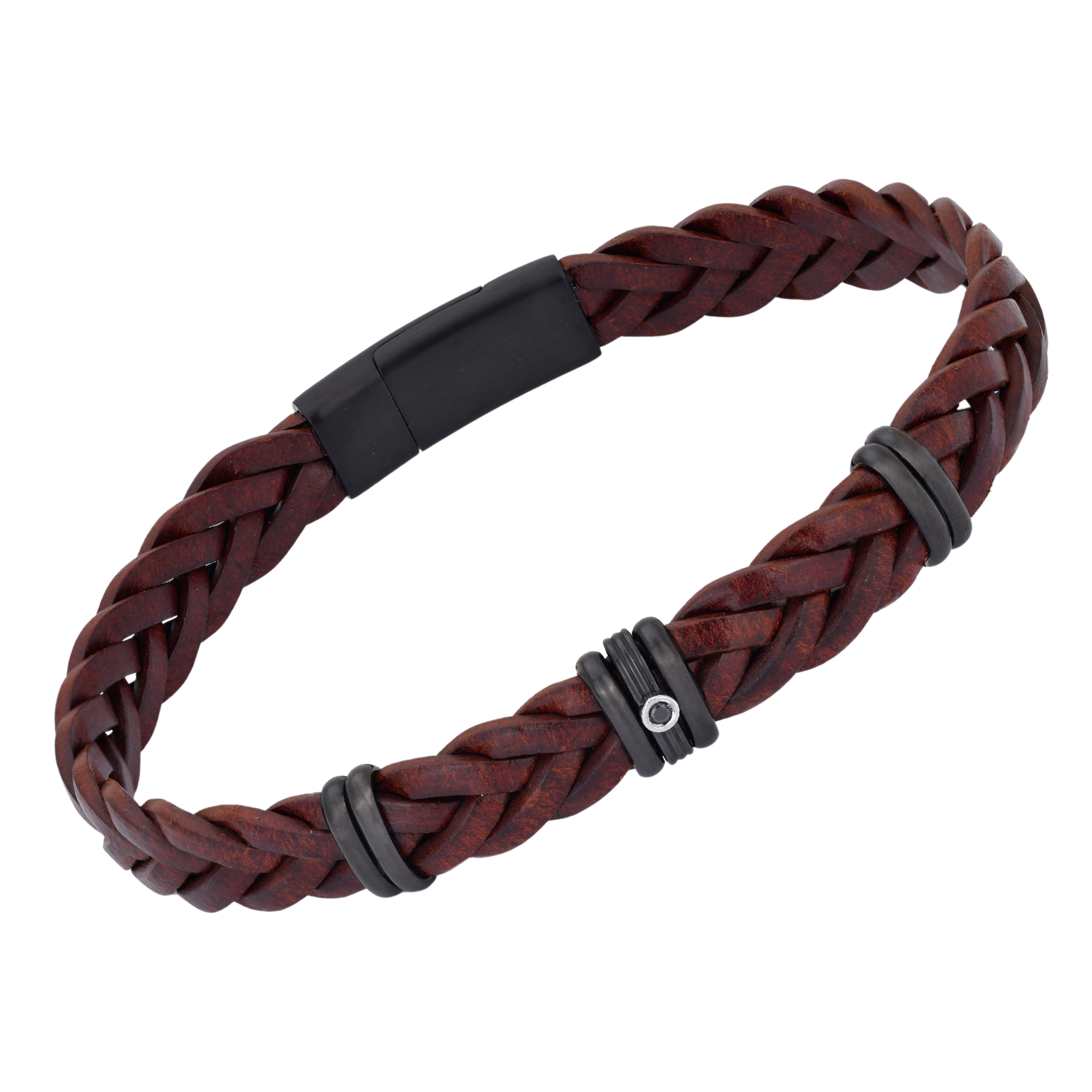 Bracciale in cuoio marrone/rosso intrecciato con pietra spinello