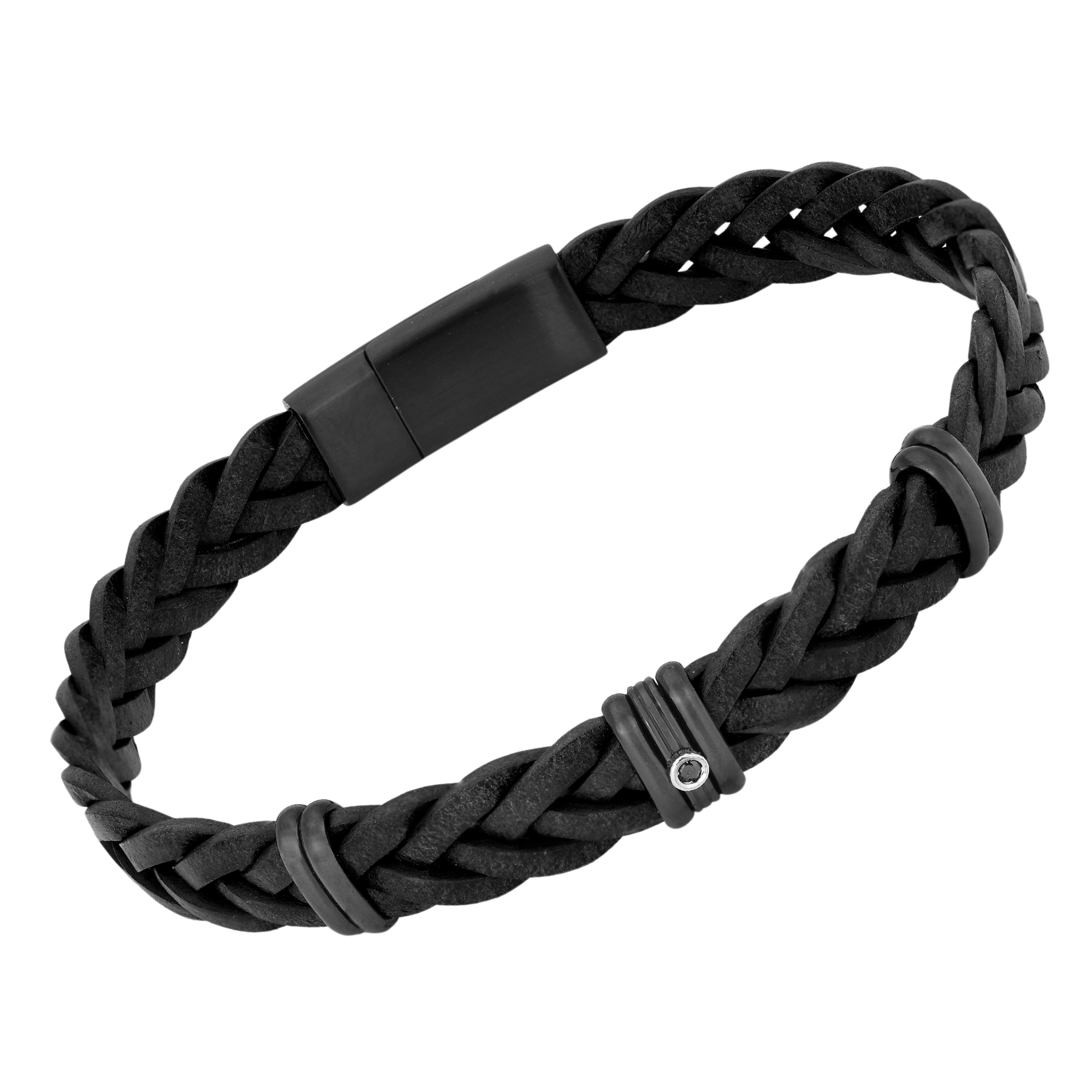 Bracciale in cuoio intrecciato nero con pietra spinello