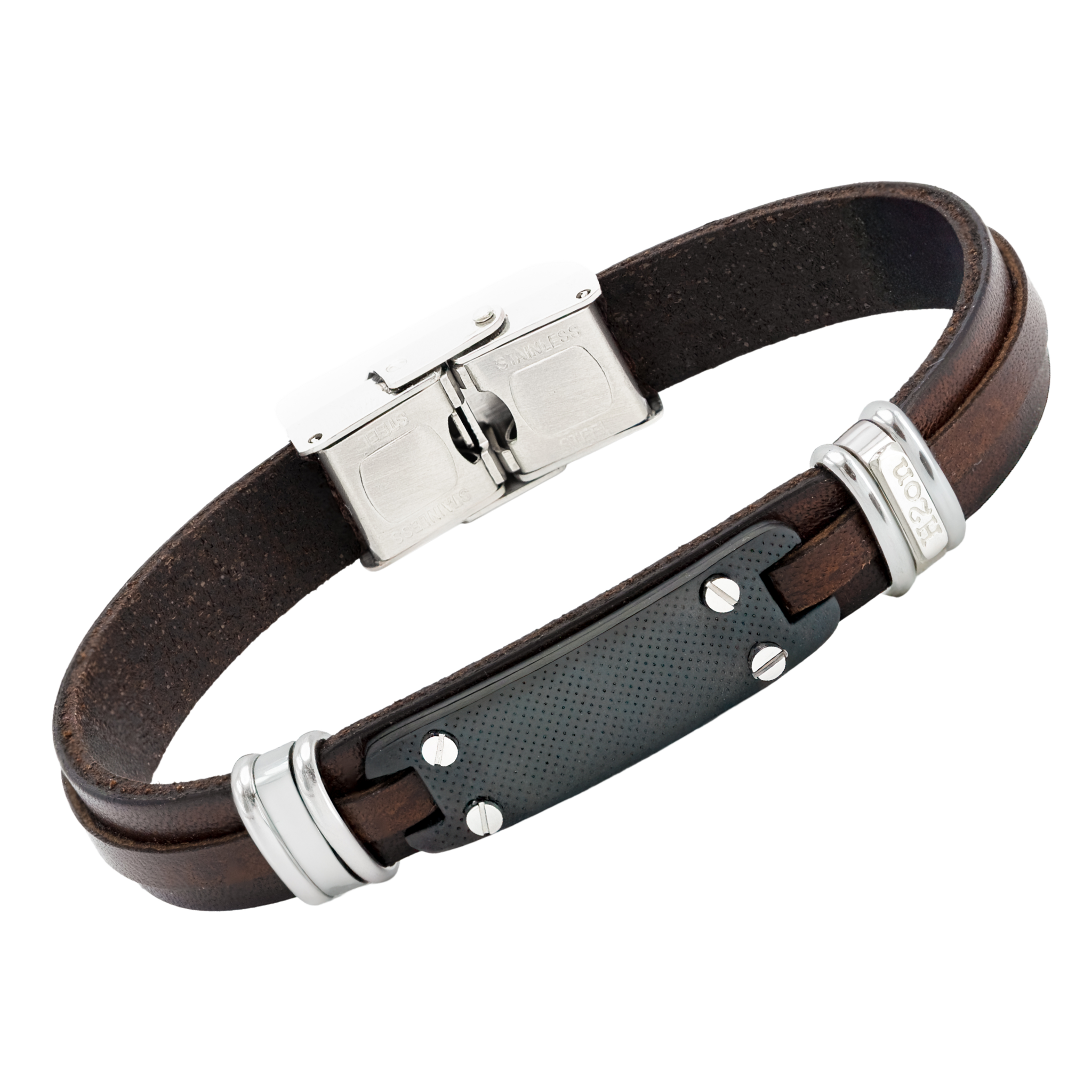 Bracciale in acciaio e cuoio marrone con piastra in PVD nero e viti