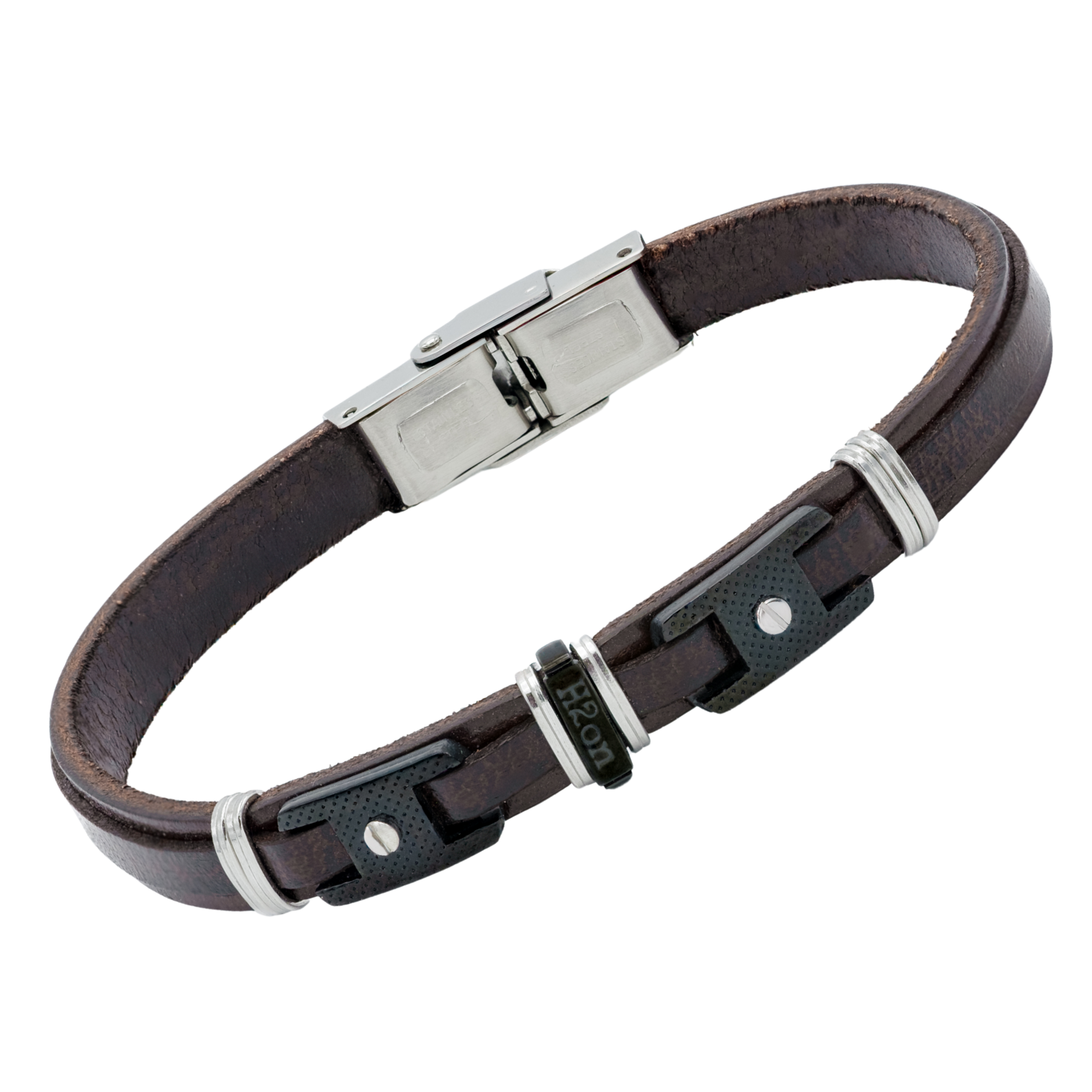 Bracciale in acciaio e cuoio marrone con piastre in PVD nero e viti