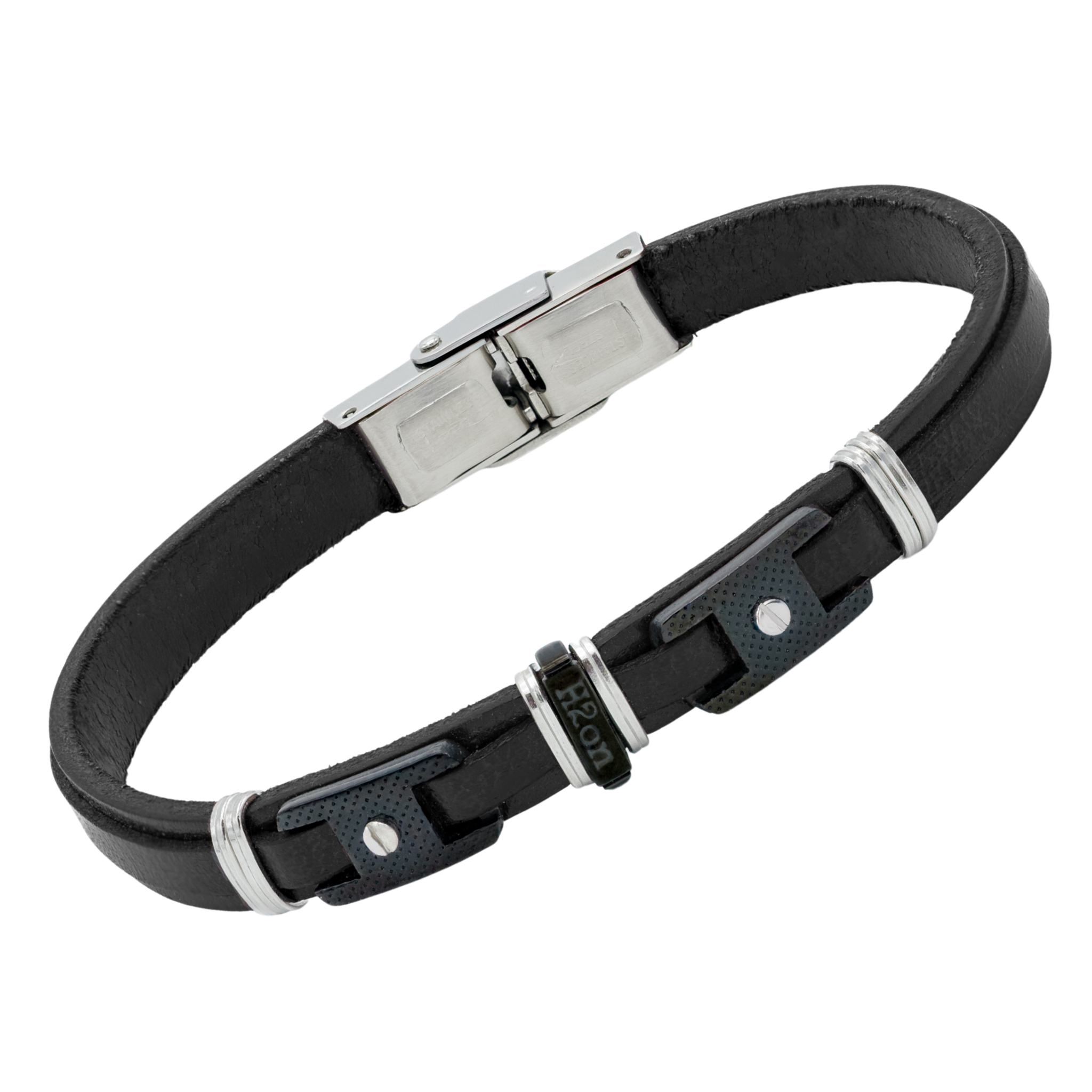 Bracciale in acciaio e cuoio nero con piastre in PVD nero e viti