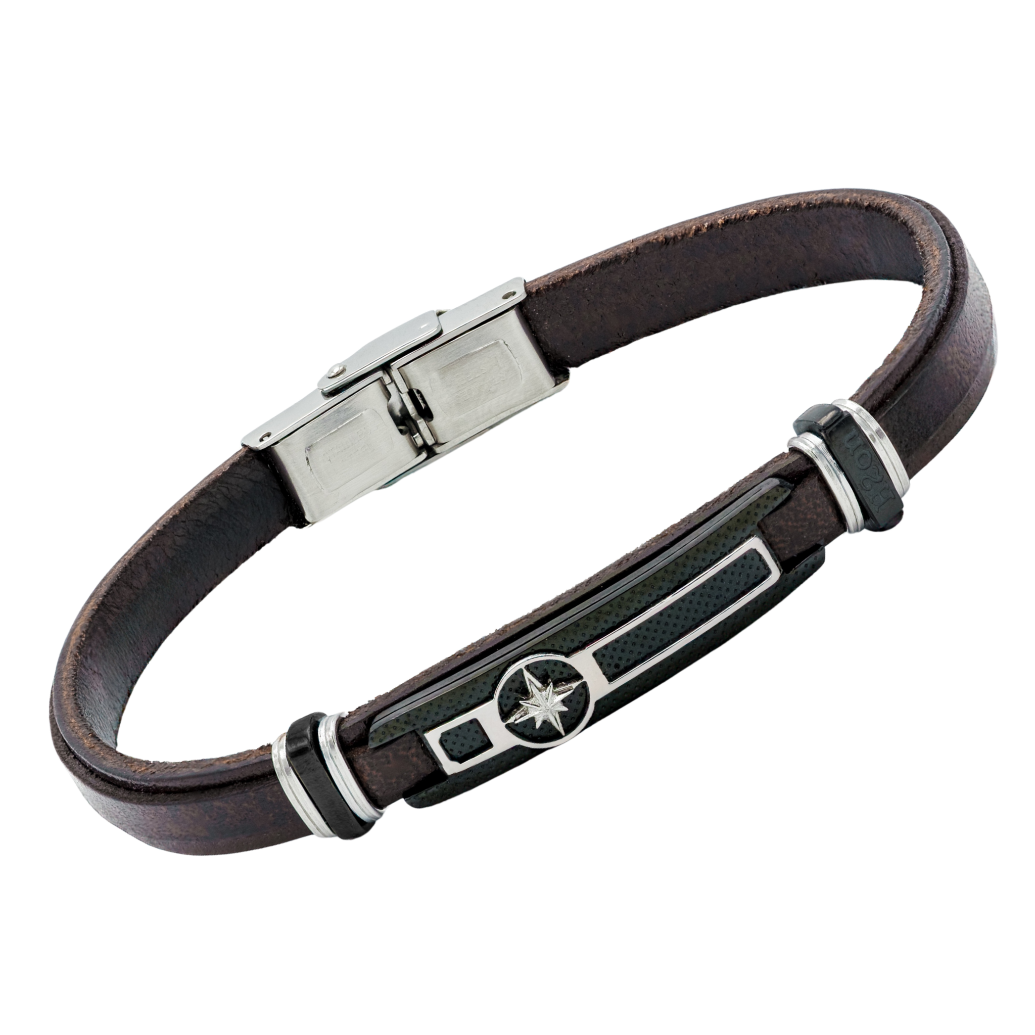 Bracciale in acciaio e cuoio marrone con piastra in PVD nero e rosa dei venti