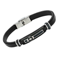 Bracciale in acciaio e cuoio nero con piastra in PVD nero e rosa dei venti