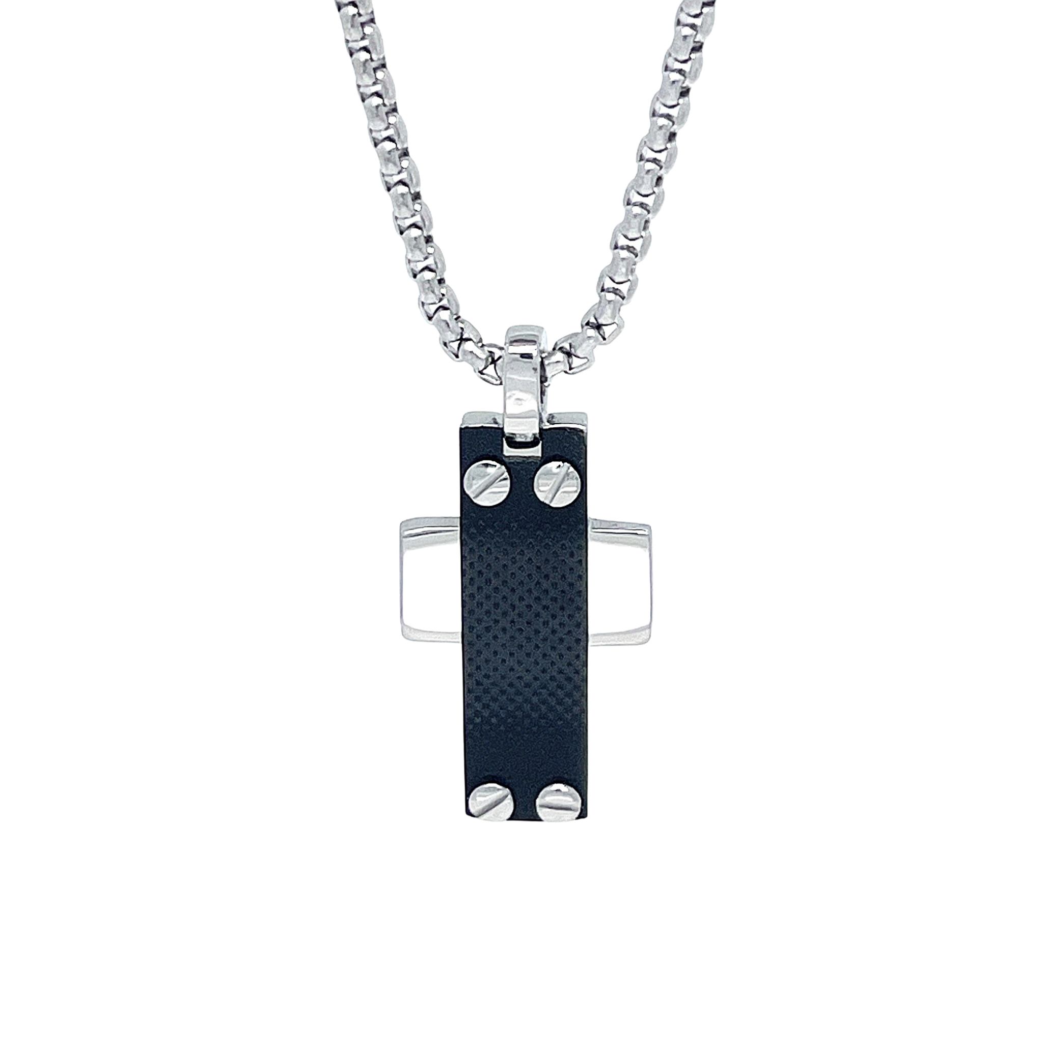 Collana con pendente a croce in acciaio e piastra in PVD nero con viti