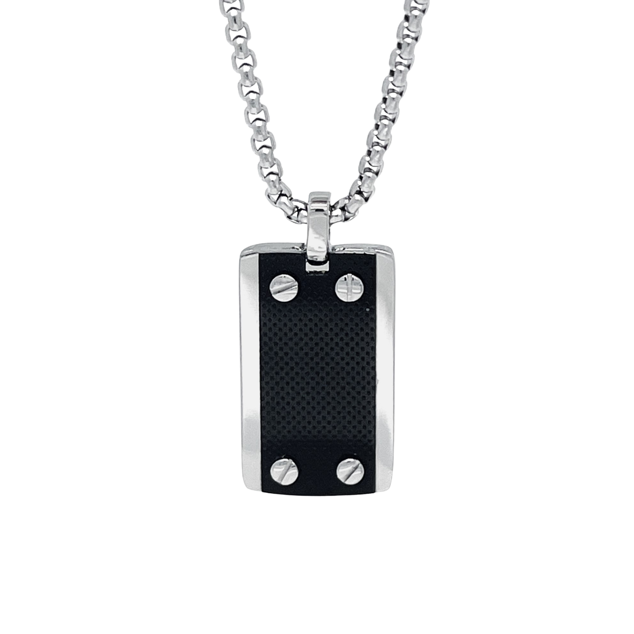 Collana con pendente in acciaio e piastra in PVD nero con viti