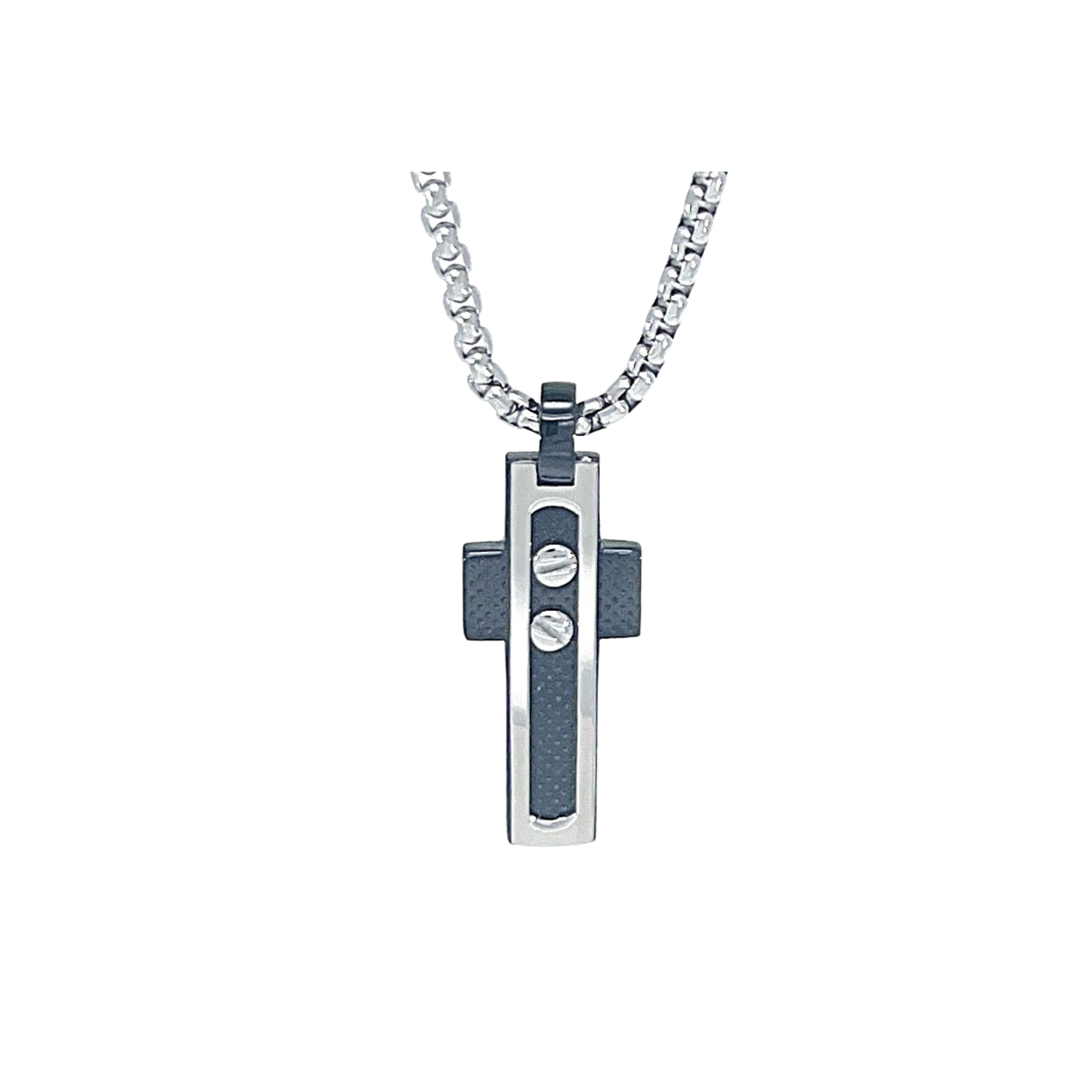 Collana con pendente a croce in acciaio e piastra in PVD nero con viti