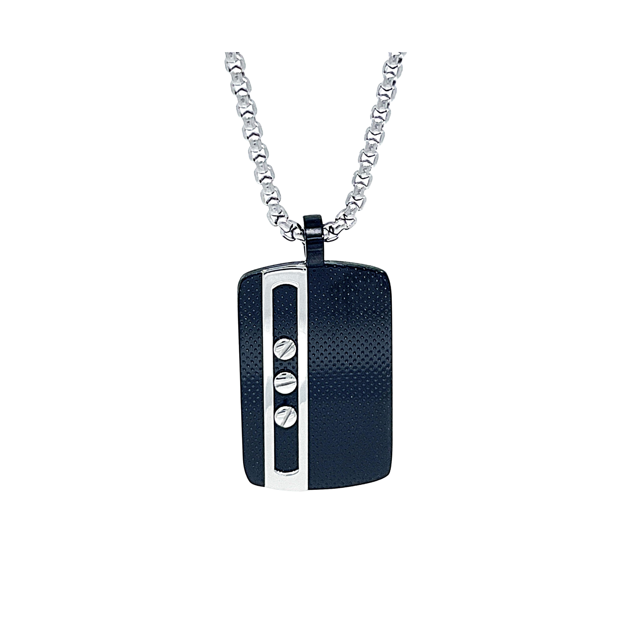 Collana con pendente in acciaio e piastra in PVD nero con viti