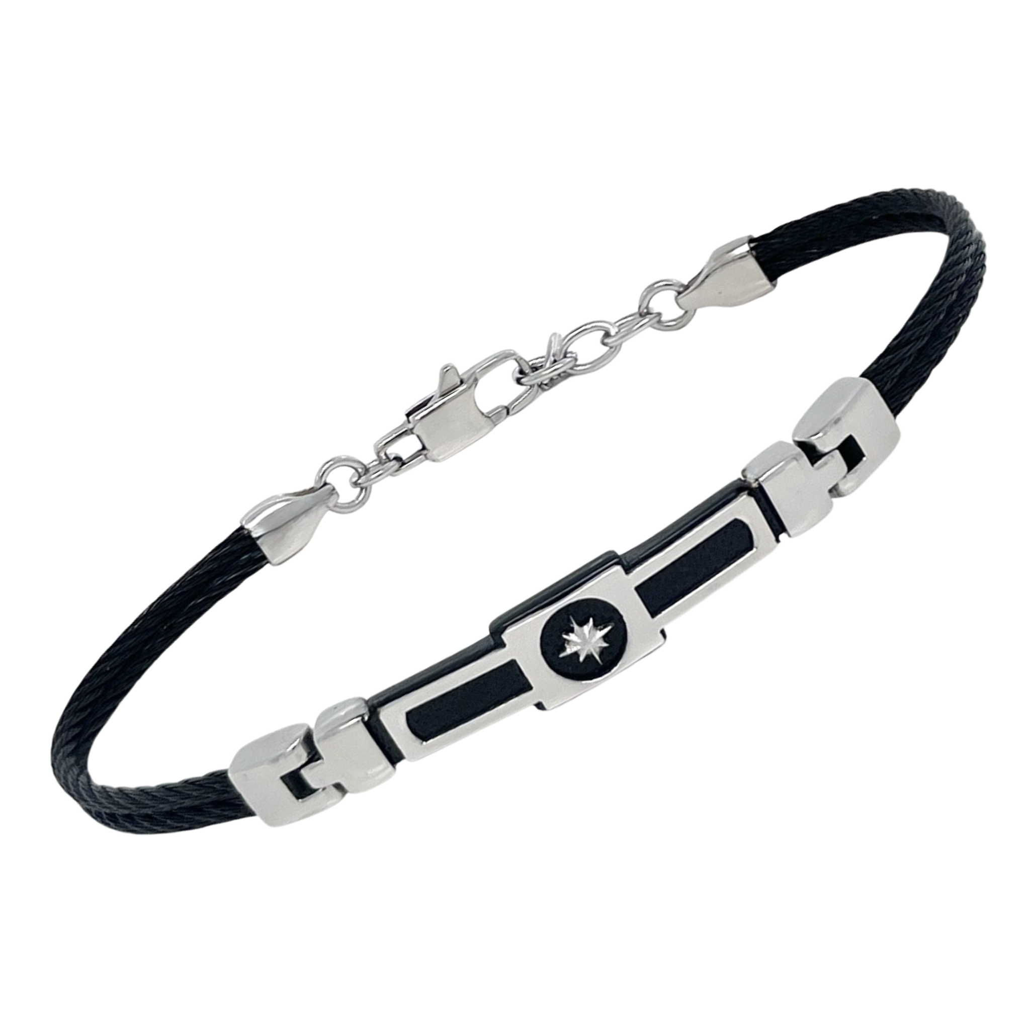 Bracciale cavetto in PVD nero e piastra in PVD nero con rosa dei venti